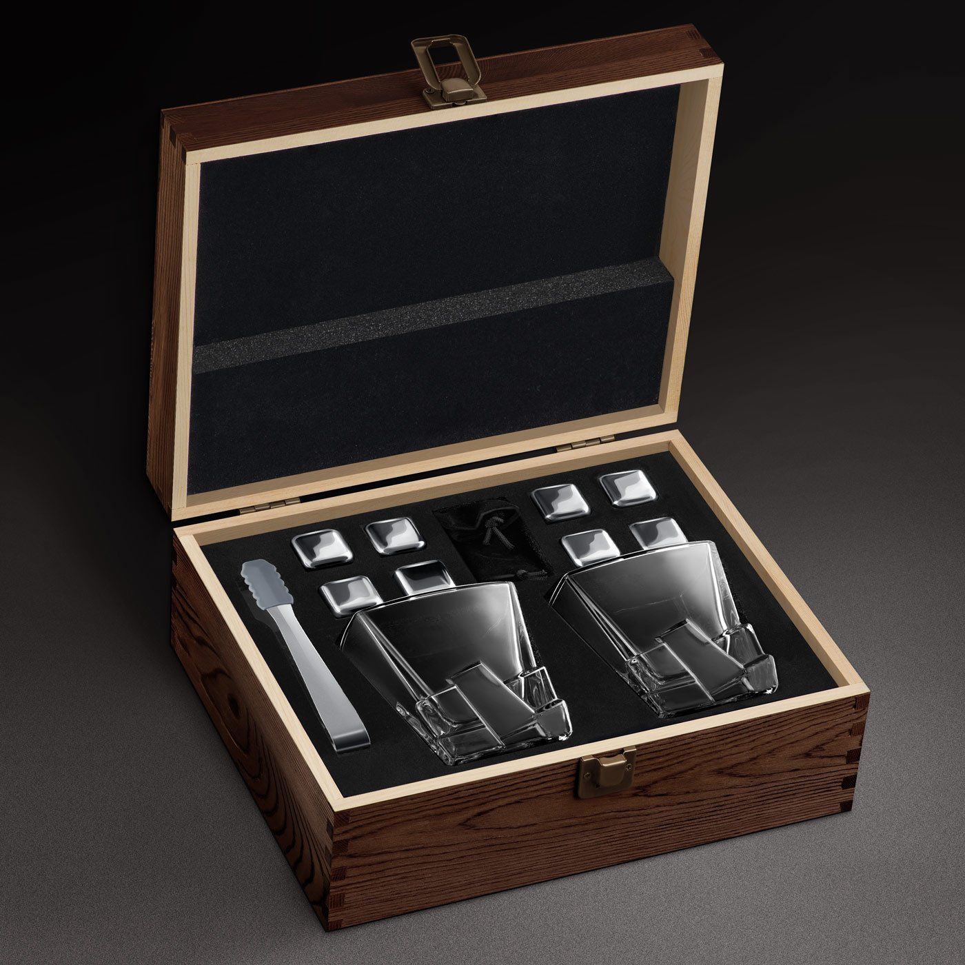 Murrano Whisky Stones Set with Engraved Glasses in Custom Box for Men's Promotion or Birthday Gift