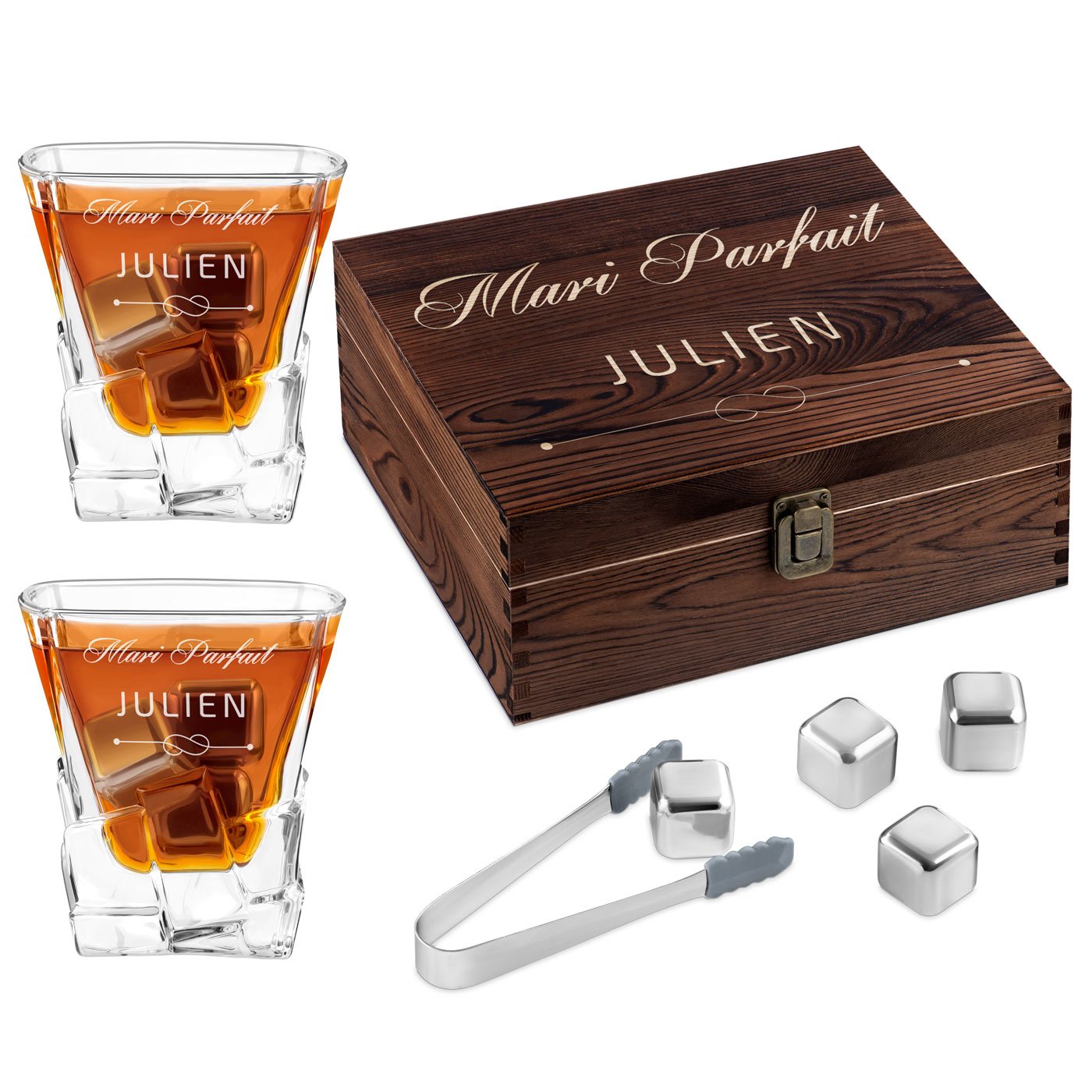 Murrano Whisky Stones Set with Engraved Glasses in Custom Box for Husband's Wedding Anniversary