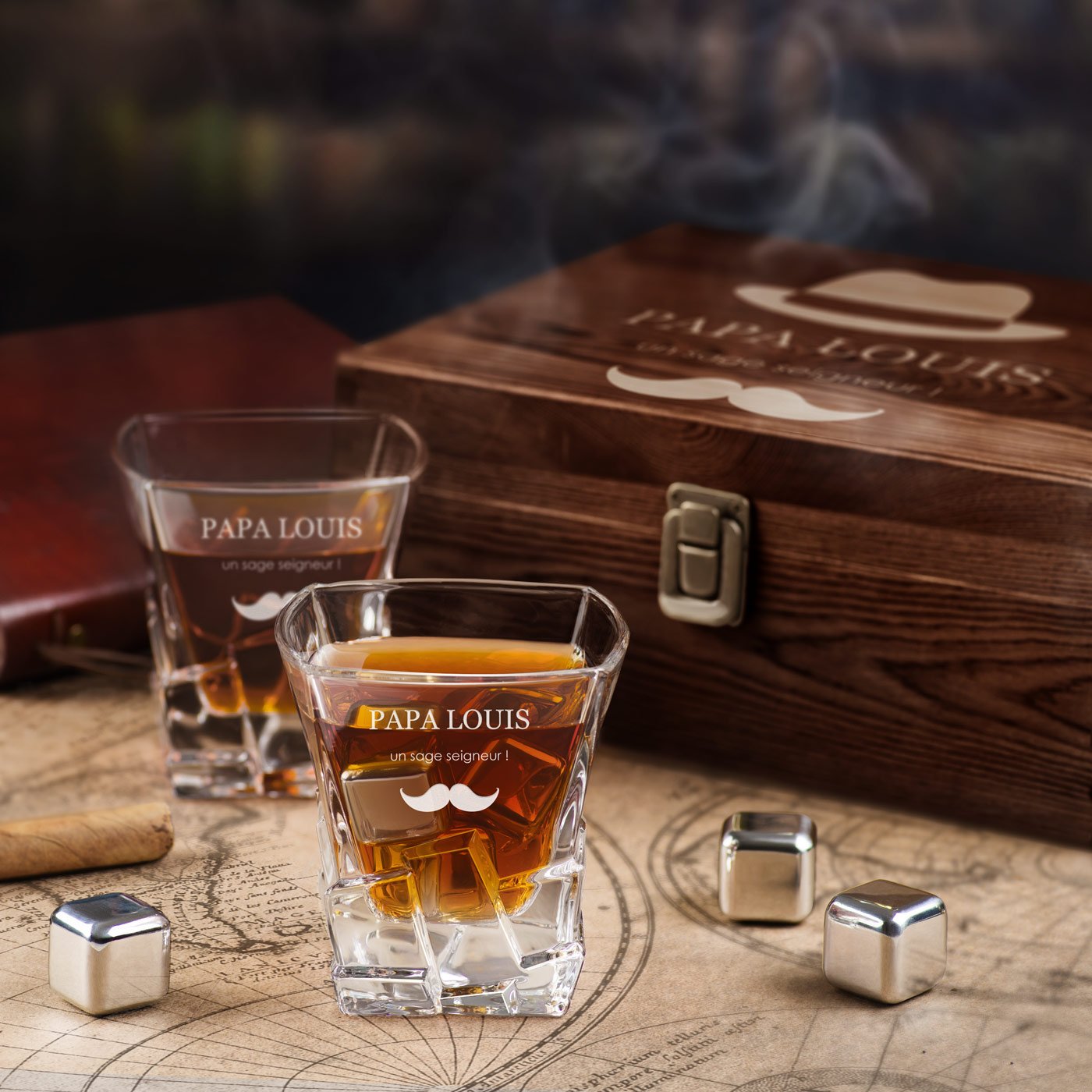 Murrano Whisky Stones Set with Engraved Glasses in Custom Box for Dad's Birthday
