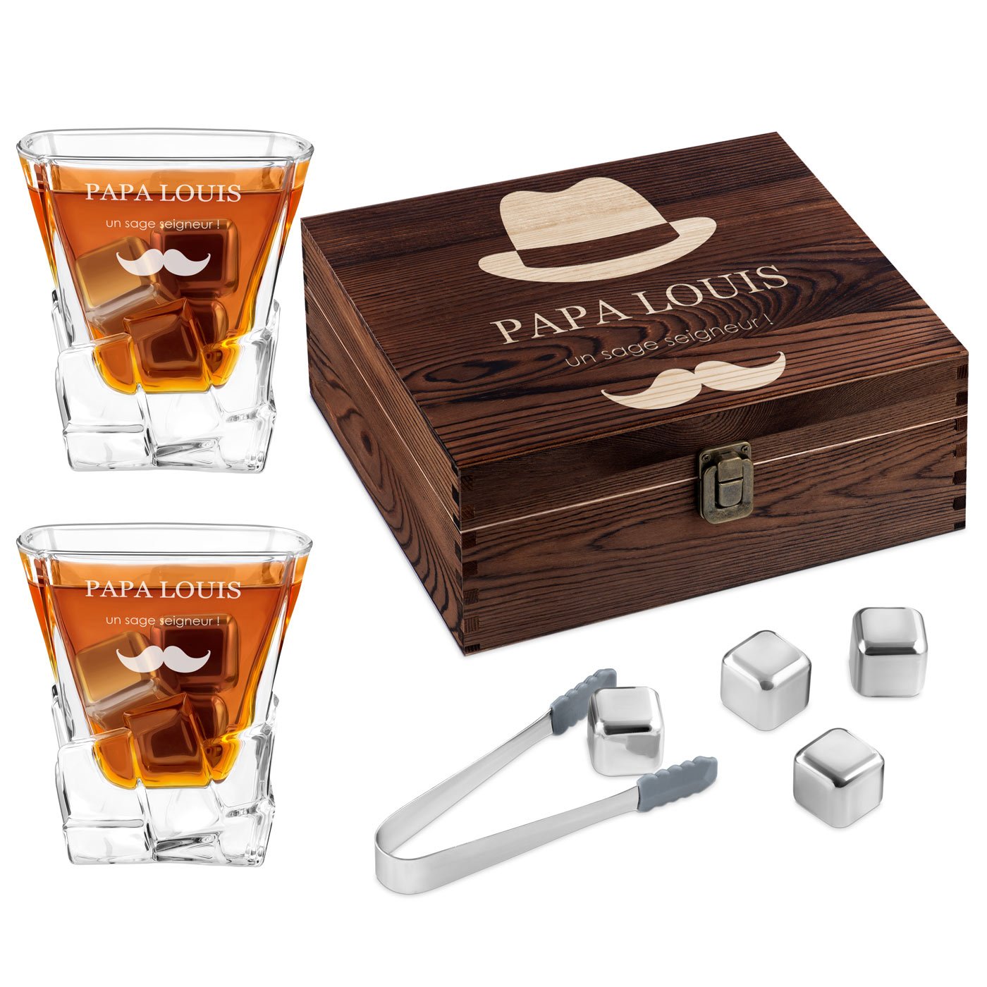Murrano Whisky Stones Set with Engraved Glasses in Custom Box for Dad's Birthday