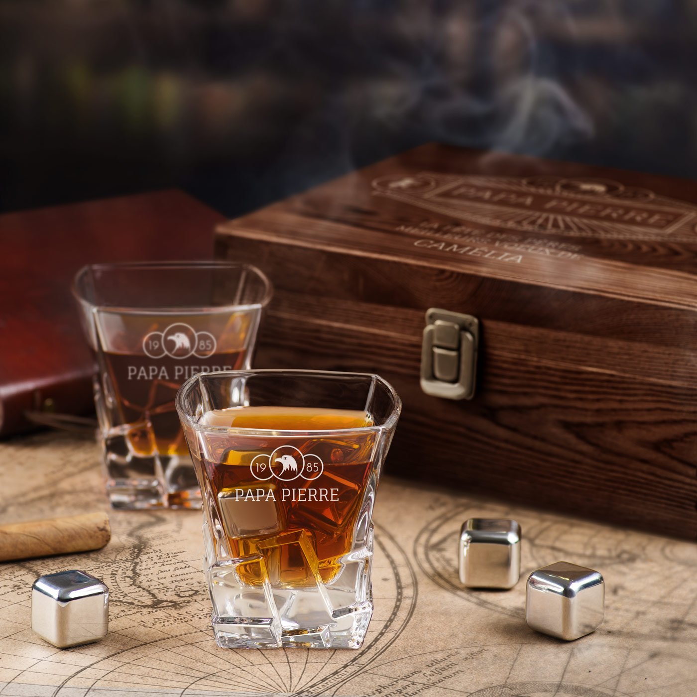 Murrano Whisky Stones Set with Engraved Glasses in Custom Box for Father's Day