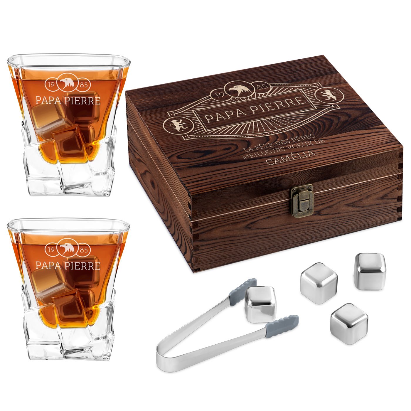 Murrano Whisky Stones Set with Engraved Glasses in Custom Box for Father's Day