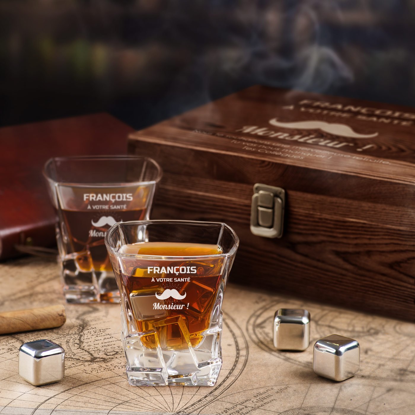 Murrano Whisky Stones Set with Engraved Glasses in Custom Box