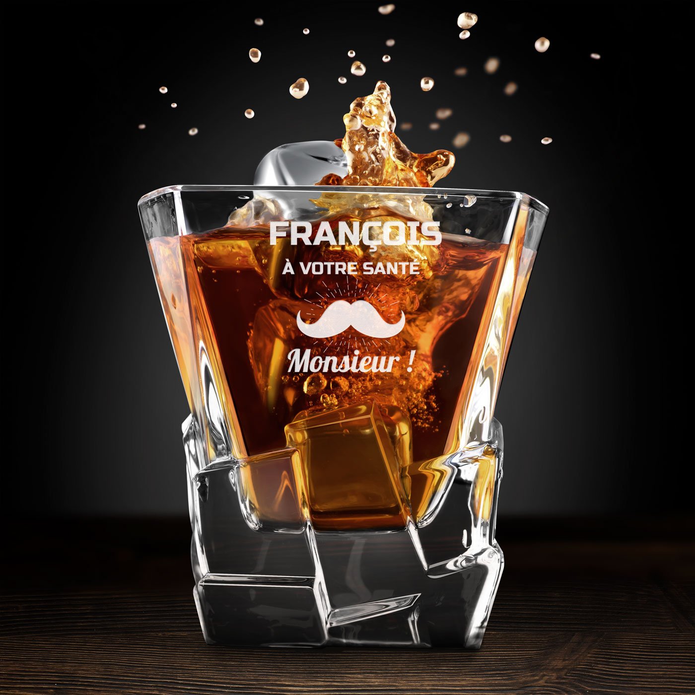 Murrano Whisky Stones Set with Engraved Glasses in Custom Box