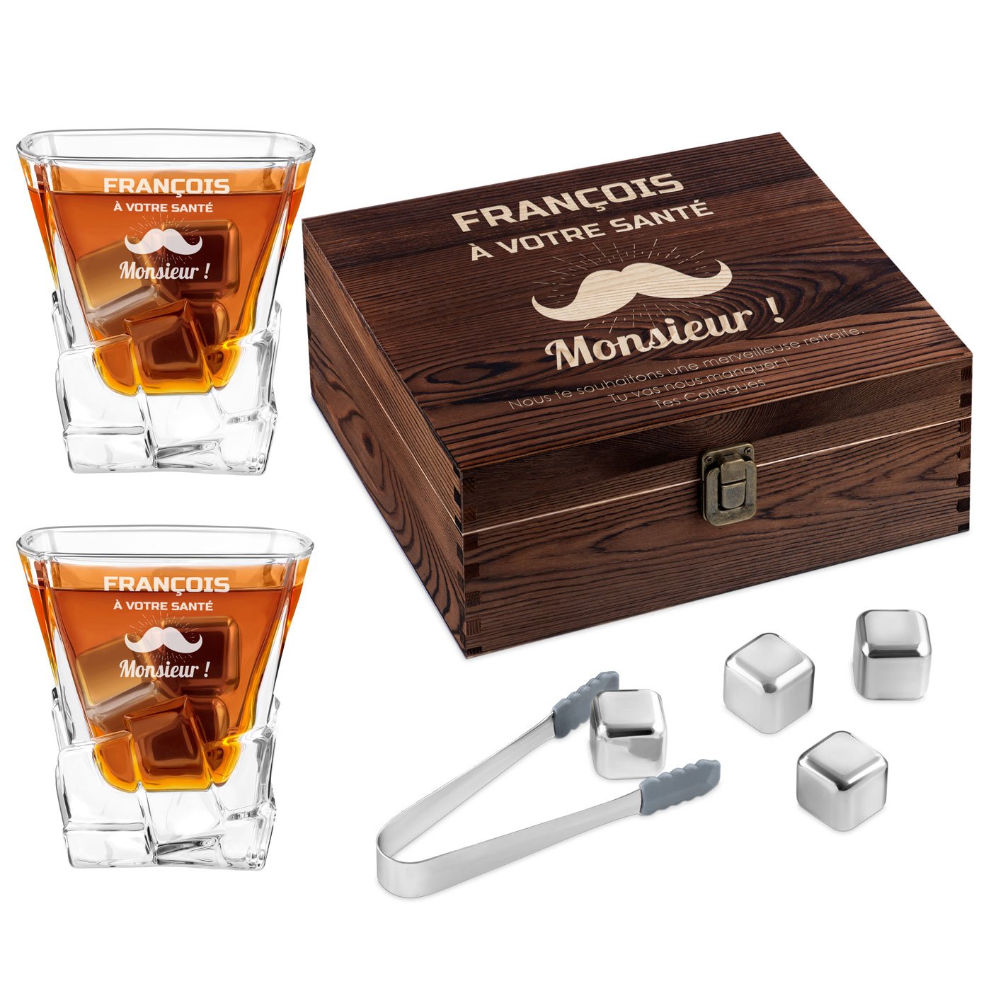 Murrano Whisky Stones Set with Engraved Glasses in Custom Box