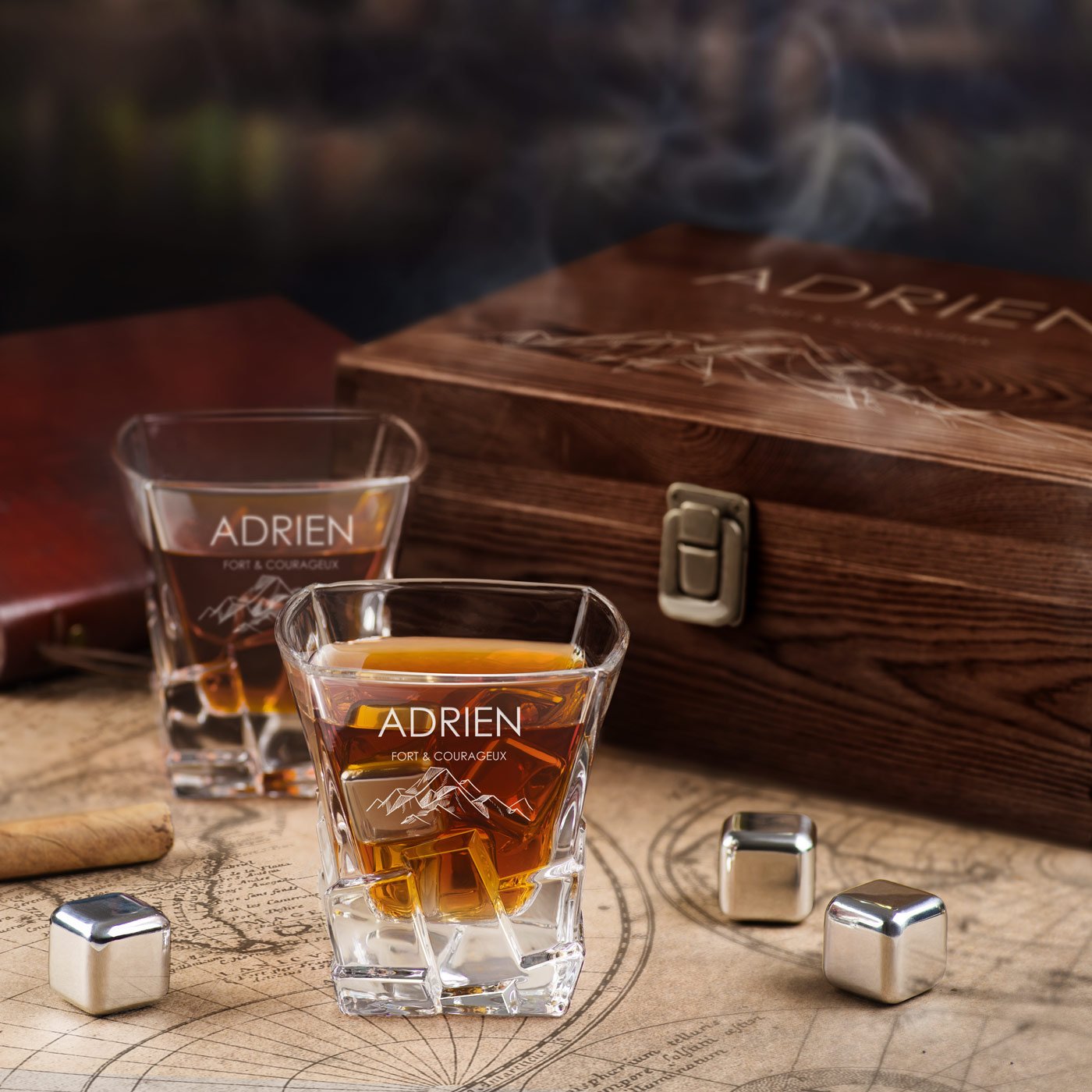Murrano Whisky Stones Set with Engraved Glasses in Custom Box