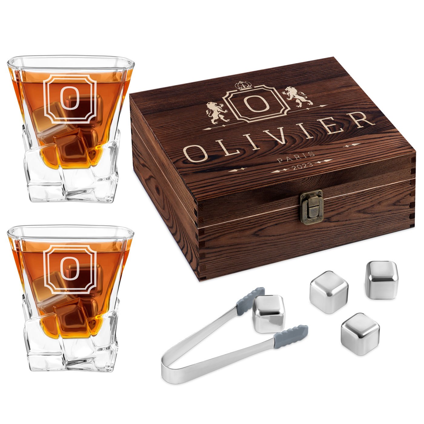 Murrano Whisky Stones Set with Engraved Glasses in Custom Box