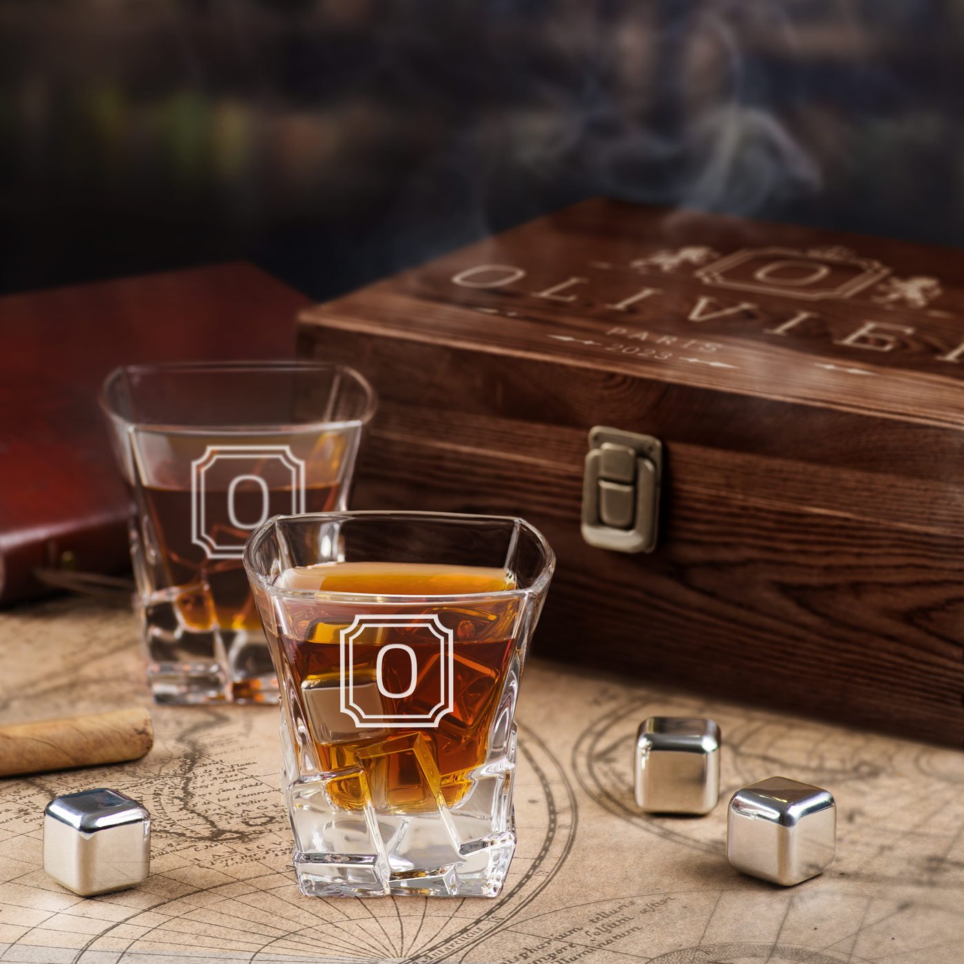 Murrano Whisky Stones Set with Engraved Glasses in Custom Box