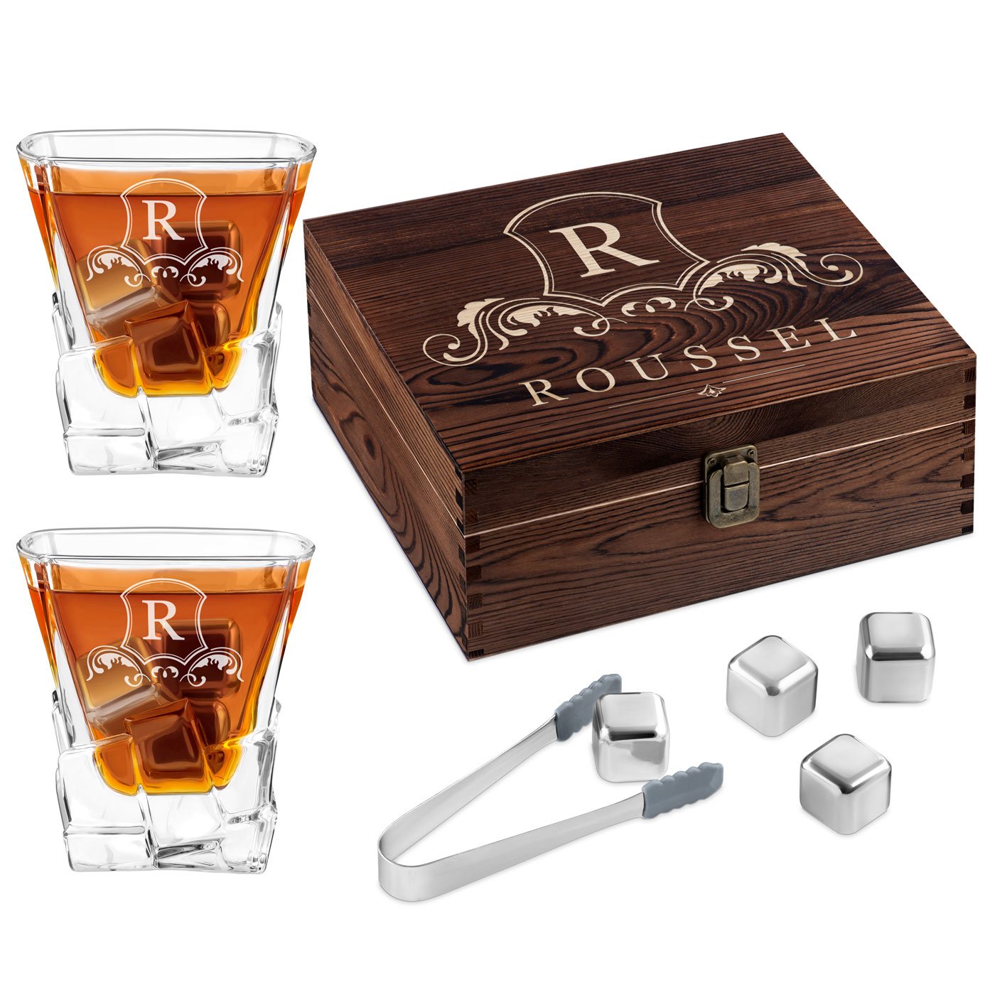 Murrano Whisky Stones Set with Engraved Glasses in Custom Box for a Friend