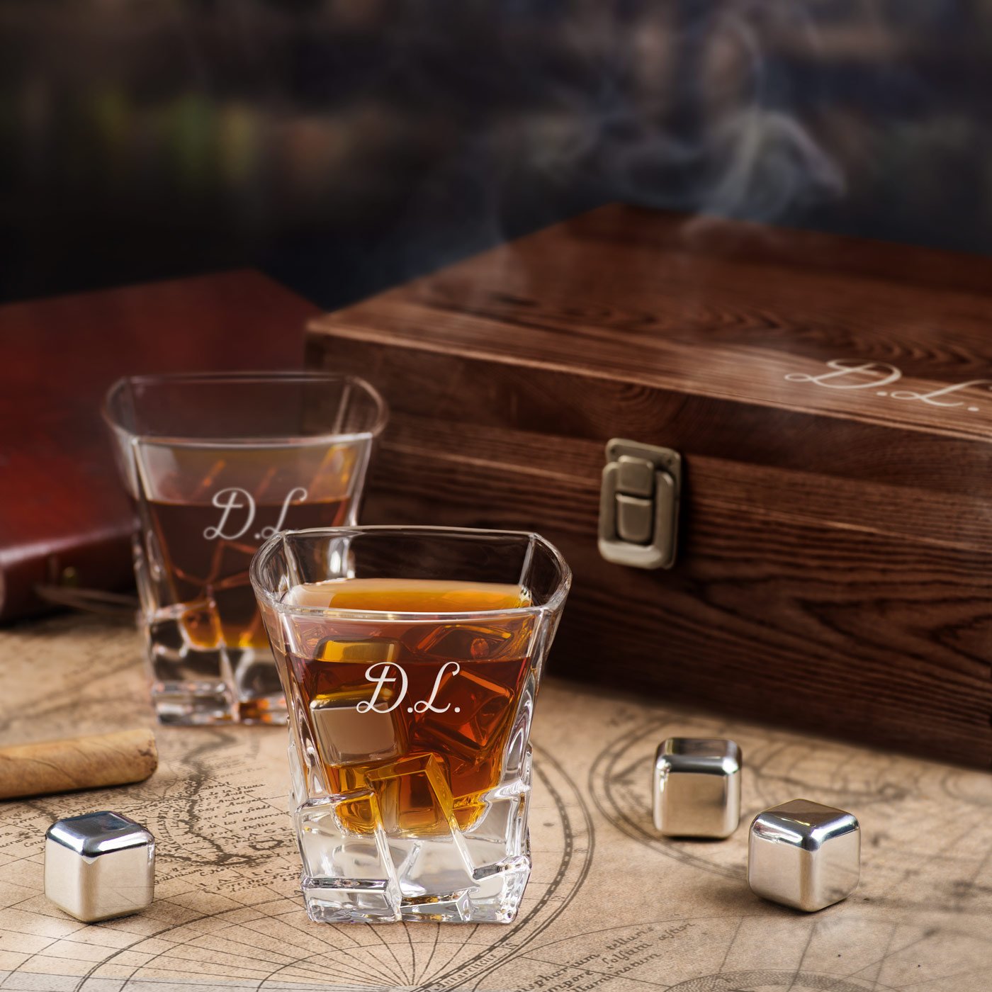 Murrano Whisky Stones Set with Engraved Glasses in Custom Box for Husband on Valentine's Day