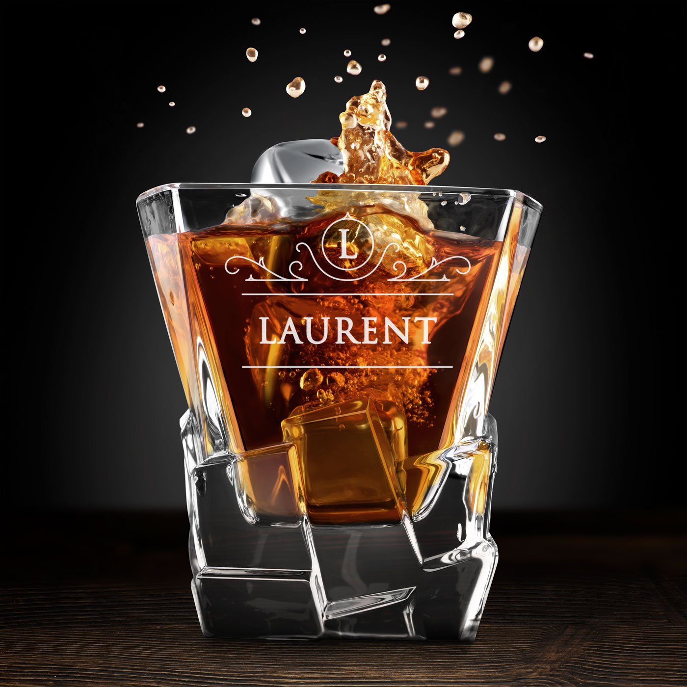 Murrano Whisky Stones Set with Engraved Glasses and Custom Box for Father's Anniversary