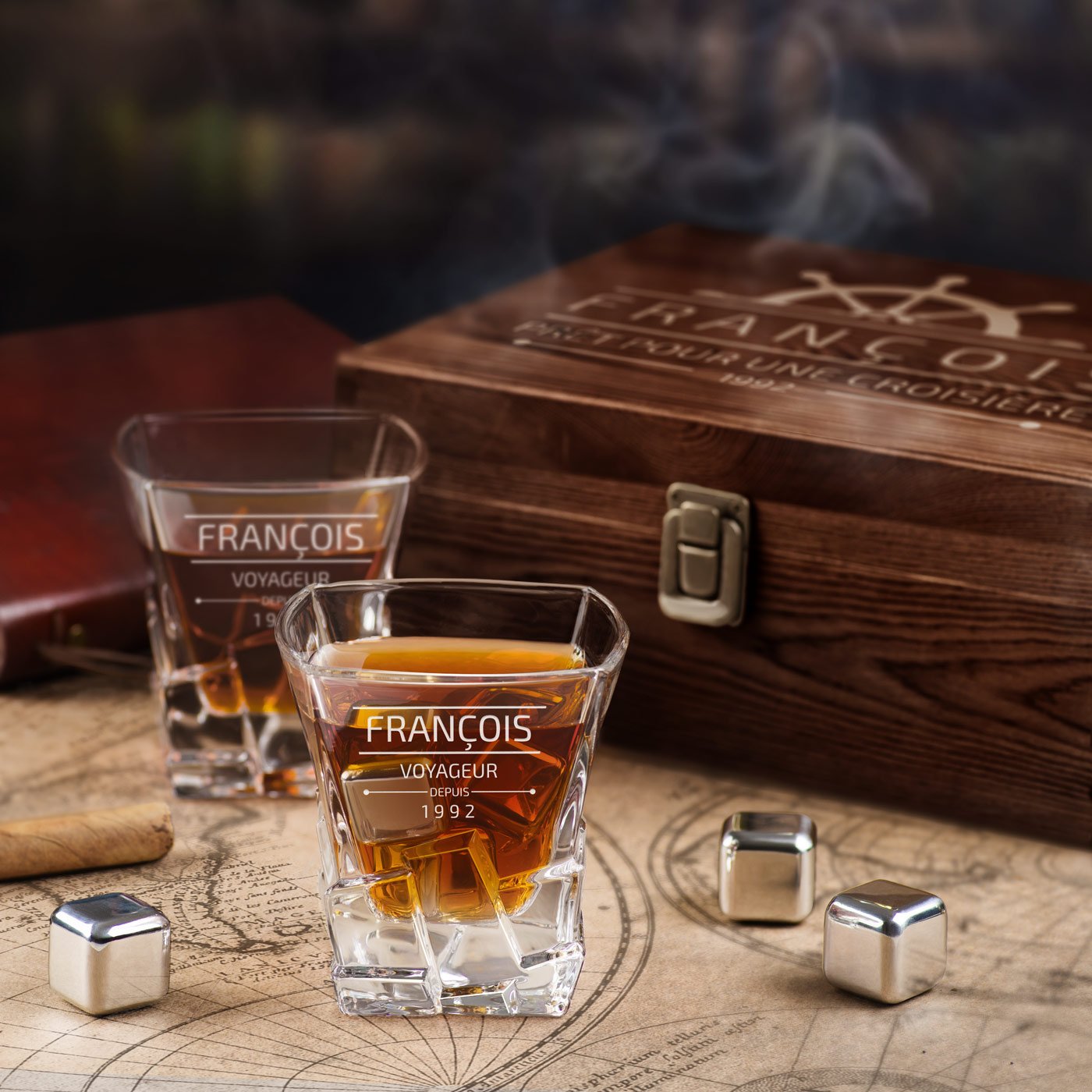 Murrano Whisky Stones Set with Engraved Glasses for Him, Valentine's Day Gift