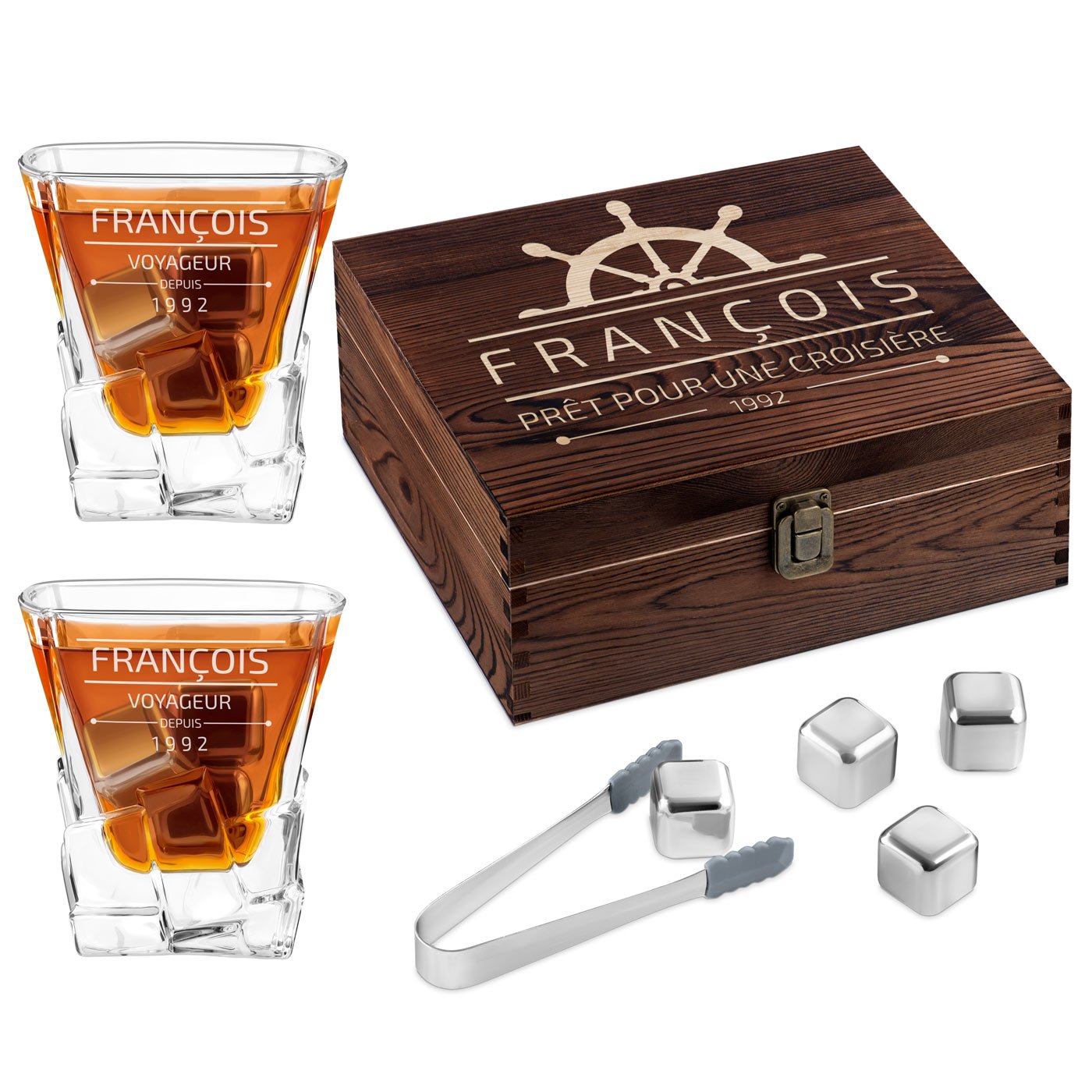 Murrano Whisky Stones Set with Engraved Glasses for Him, Valentine's Day Gift