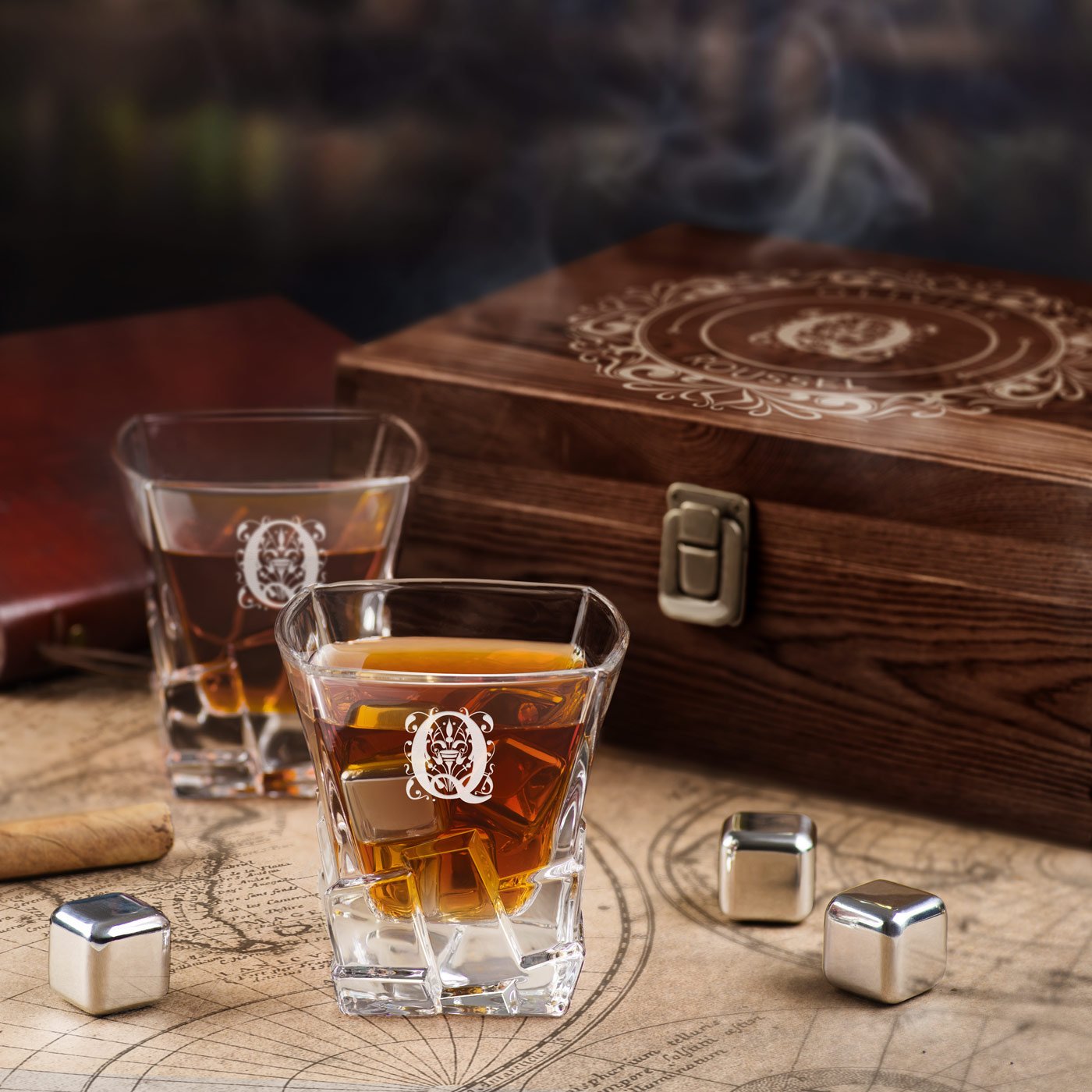 Murrano Whisky Stones Set with Engraved Glasses in Custom Box for Husband