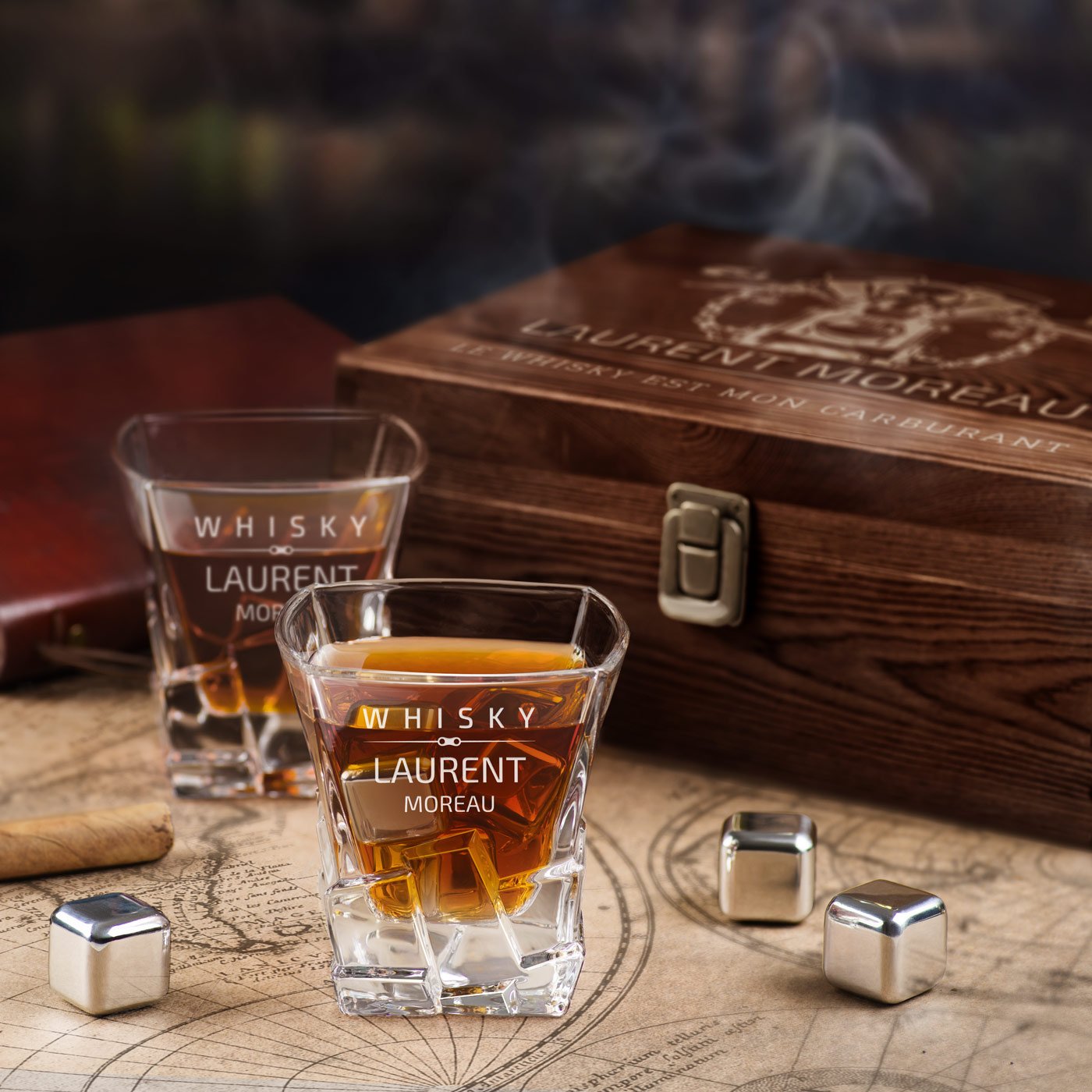 Murrano Whisky Stones Set with Engraved Glasses in Custom Box