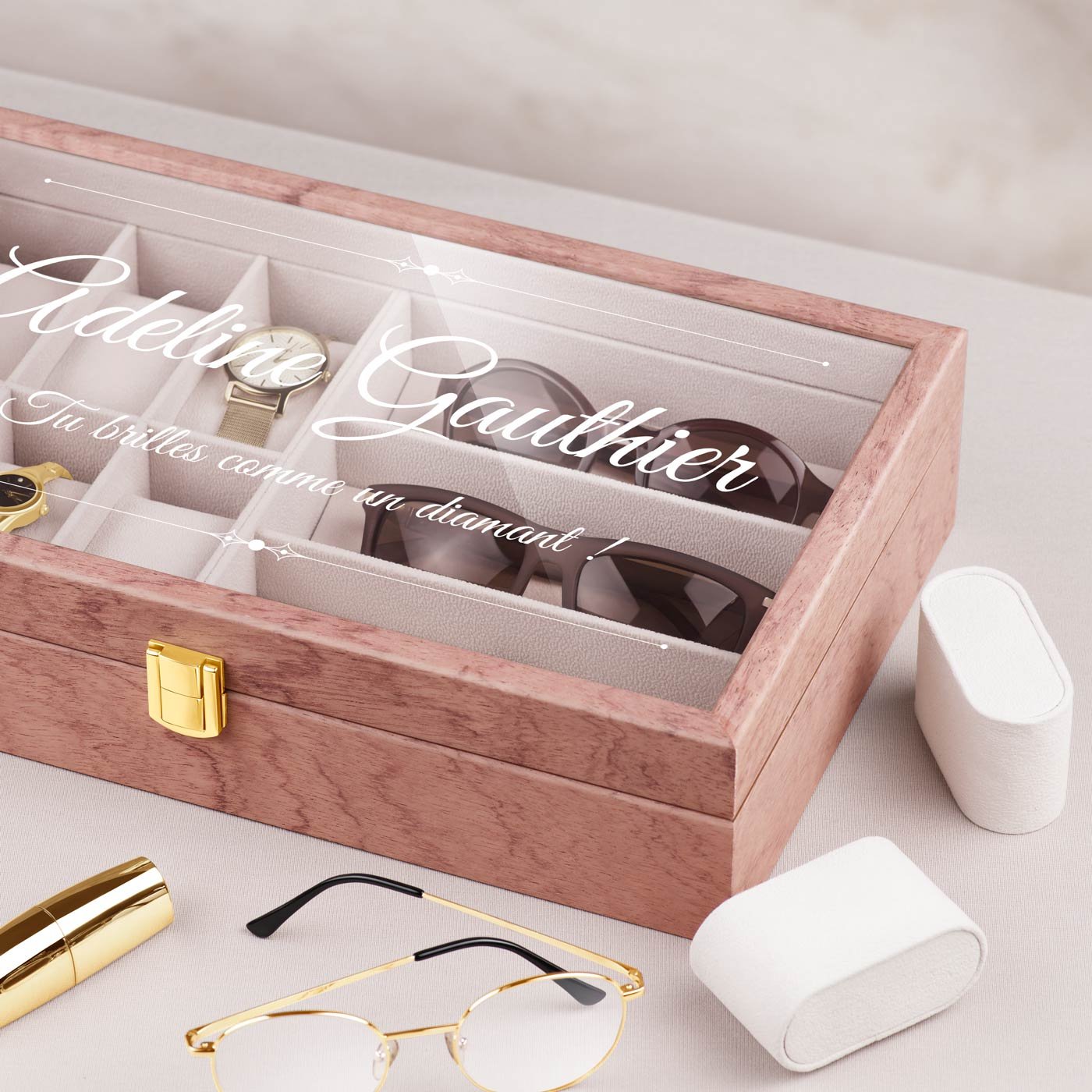 Cajón de joyas de madera rosa personalizado de Murrano para mujer