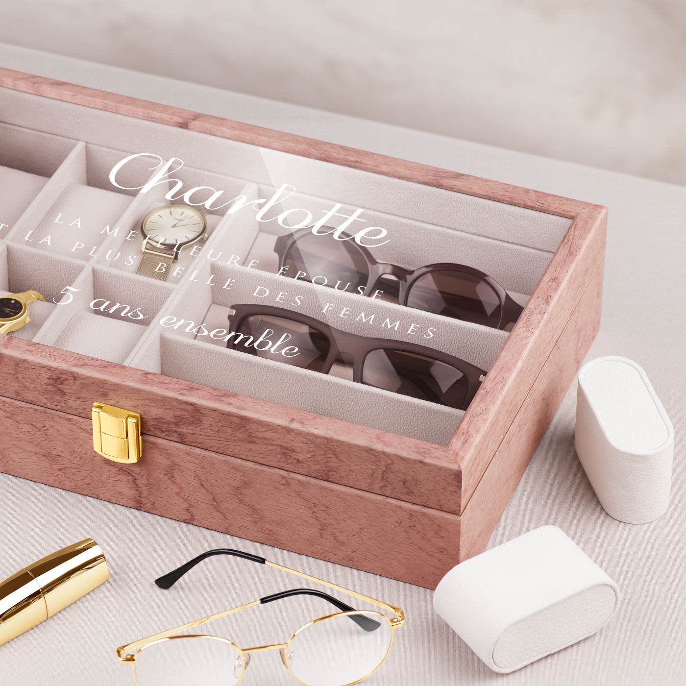 Caja de almacenamiento de madera rosa personalizada para esposa - 5 años de matrimonio