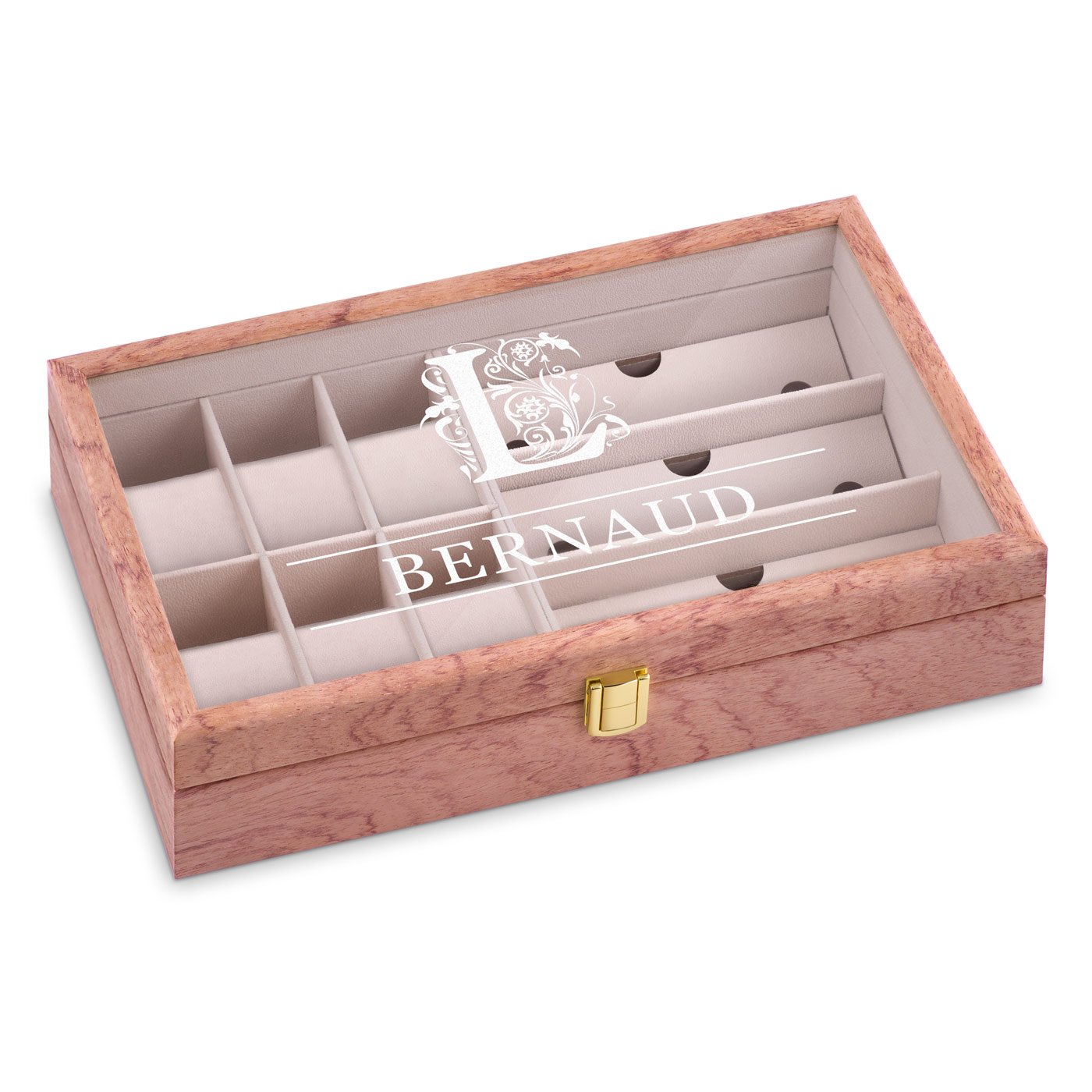 Cajón de almacenamiento de madera rosa personalizado Murrano con grabado