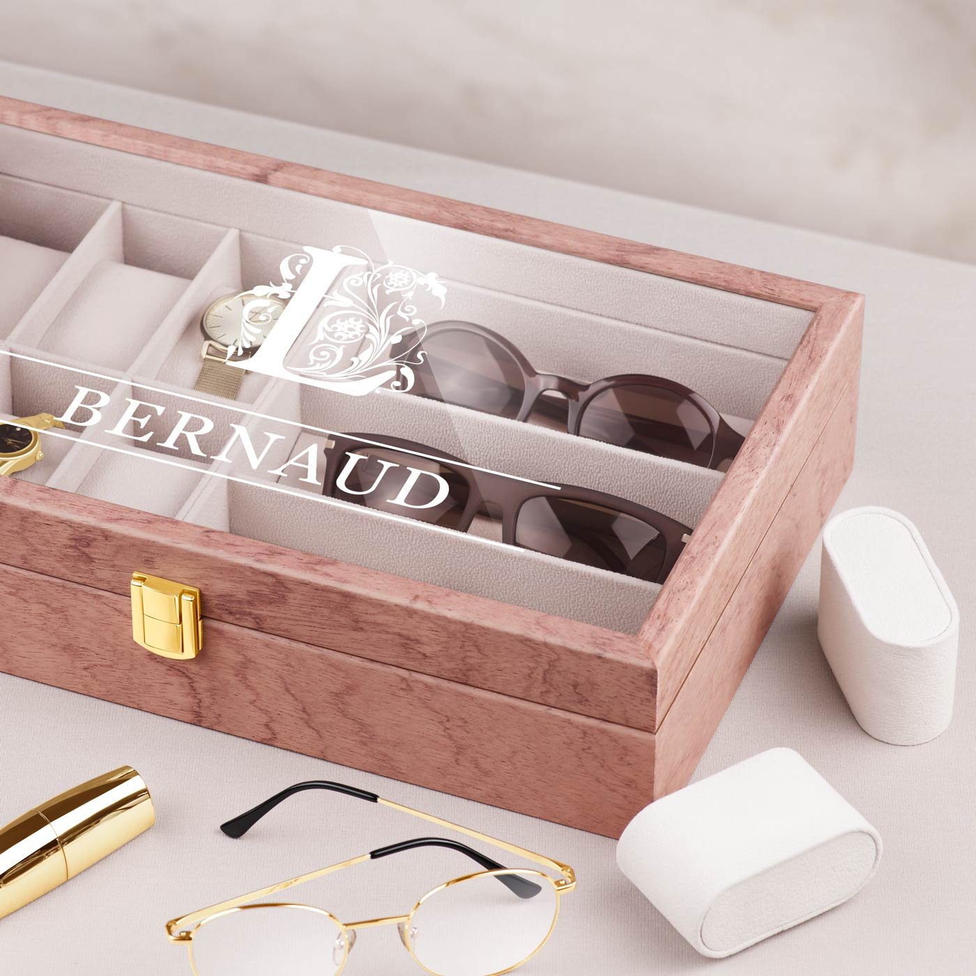 Cajón de almacenamiento de madera rosa personalizado Murrano con grabado