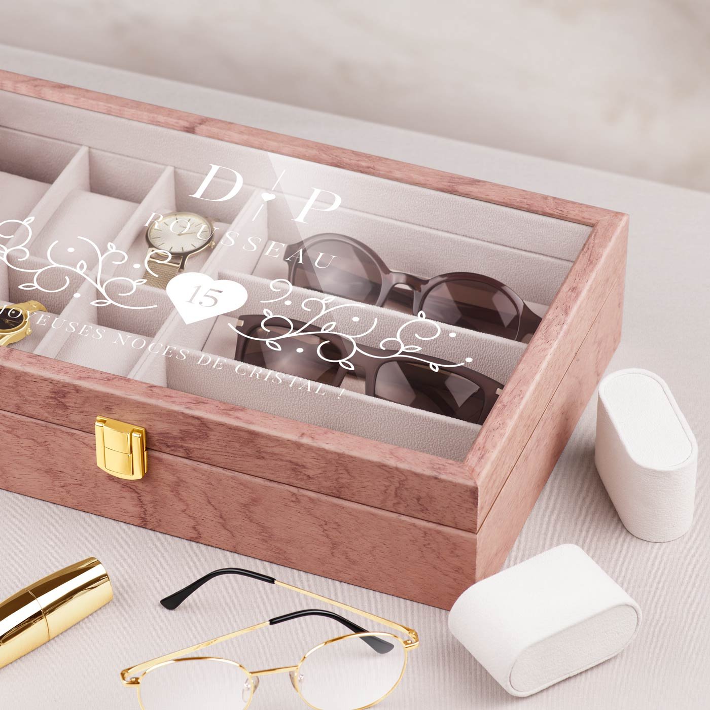 Caja de almacenamiento personalizada de madera rosa Murrano para el 15º aniversario de bodas