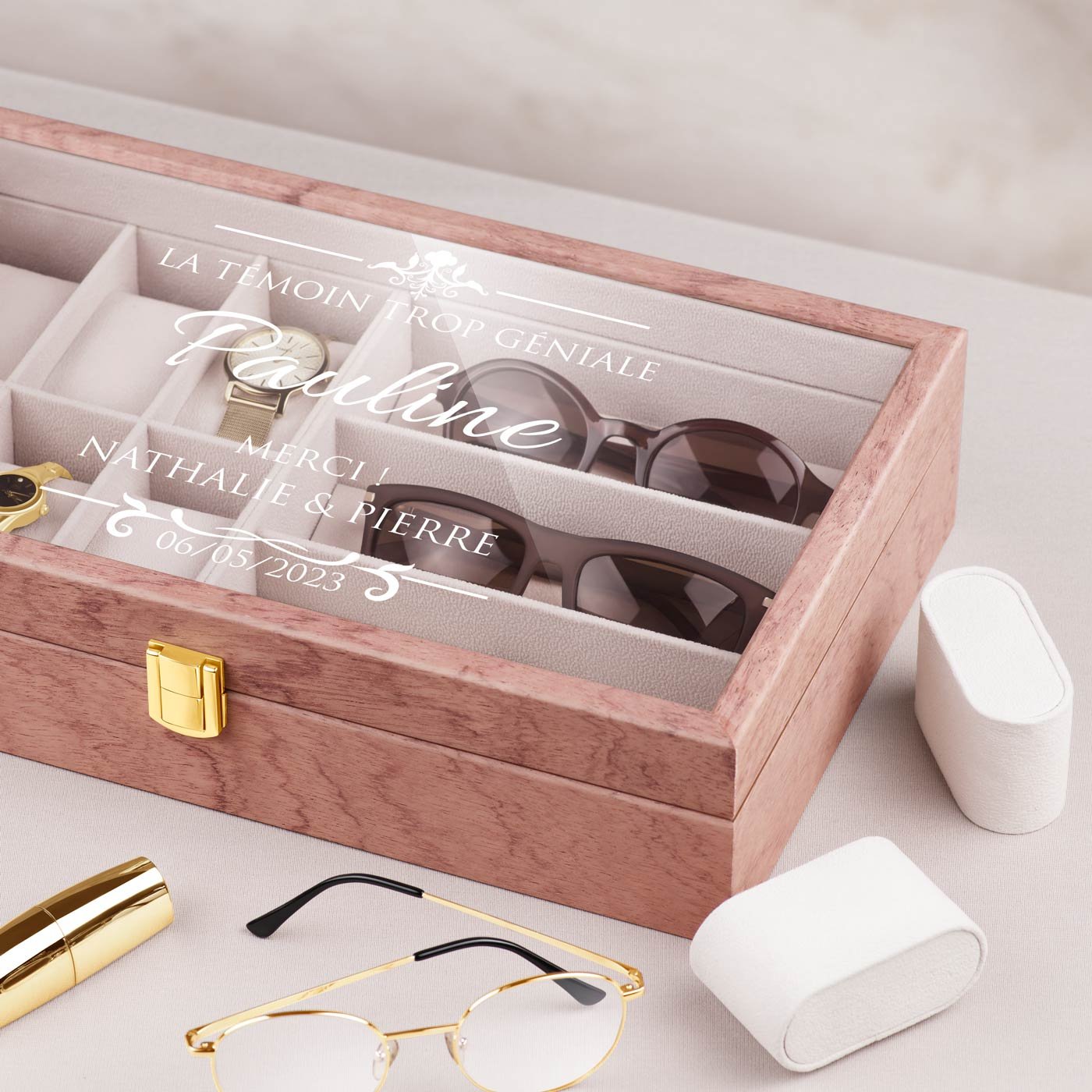 Cajón de almacenamiento de madera rosa personalizado Murrano para la mejor dama de honor