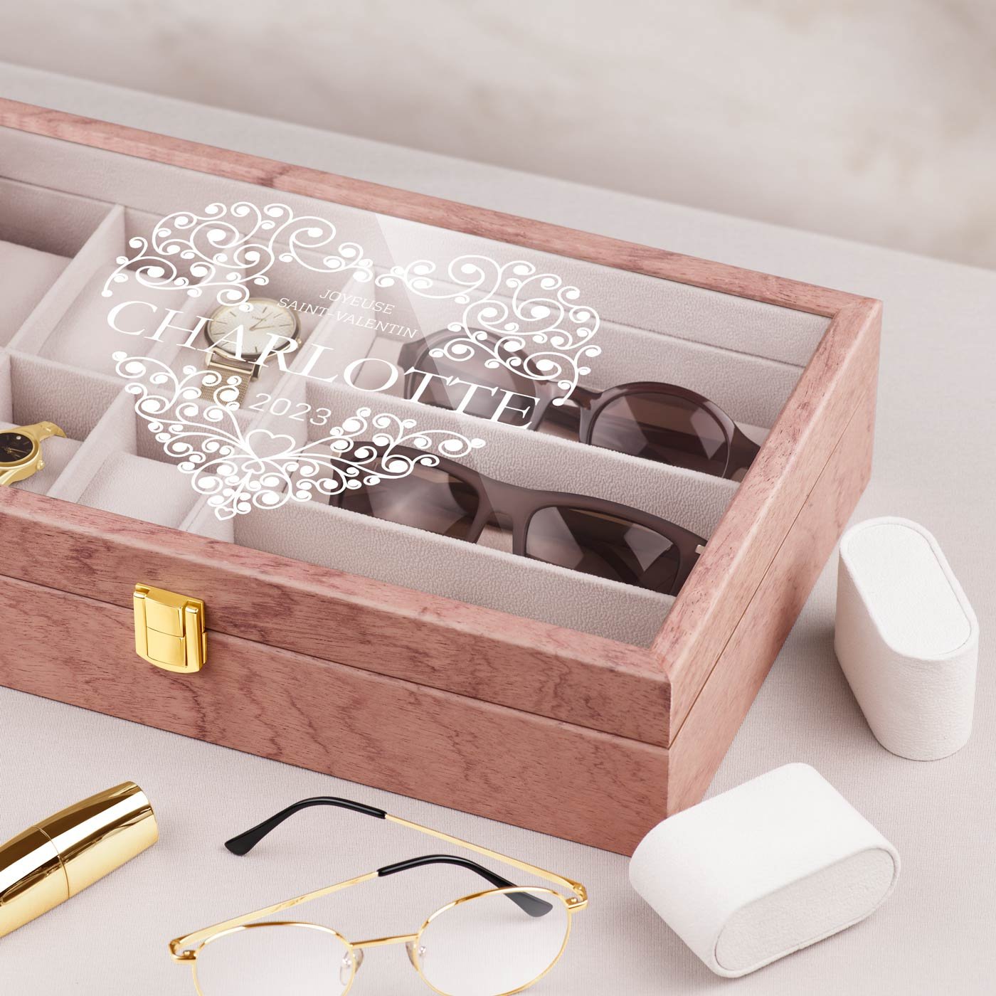 Boîte de rangement en bois rose personnalisée Murrano pour femme