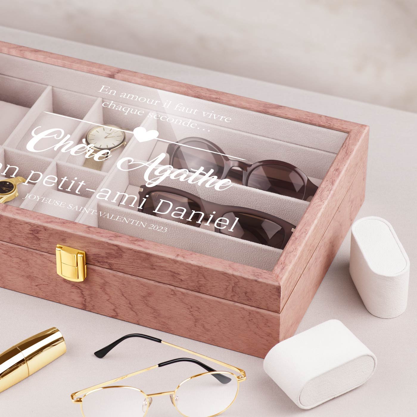 Boîte de rangement personnalisée en bois rose Murrano pour partenaire - Saint-Valentin