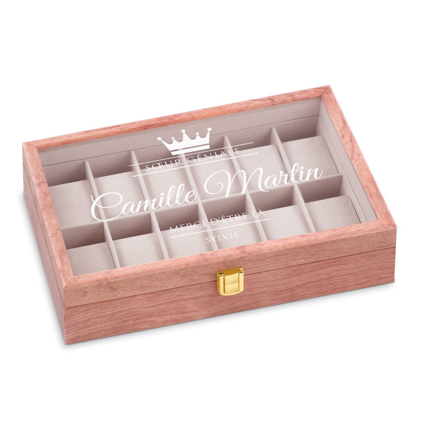 Caja de relojes de madera rosa personalizada Murrano para el cumpleaños de una hermana