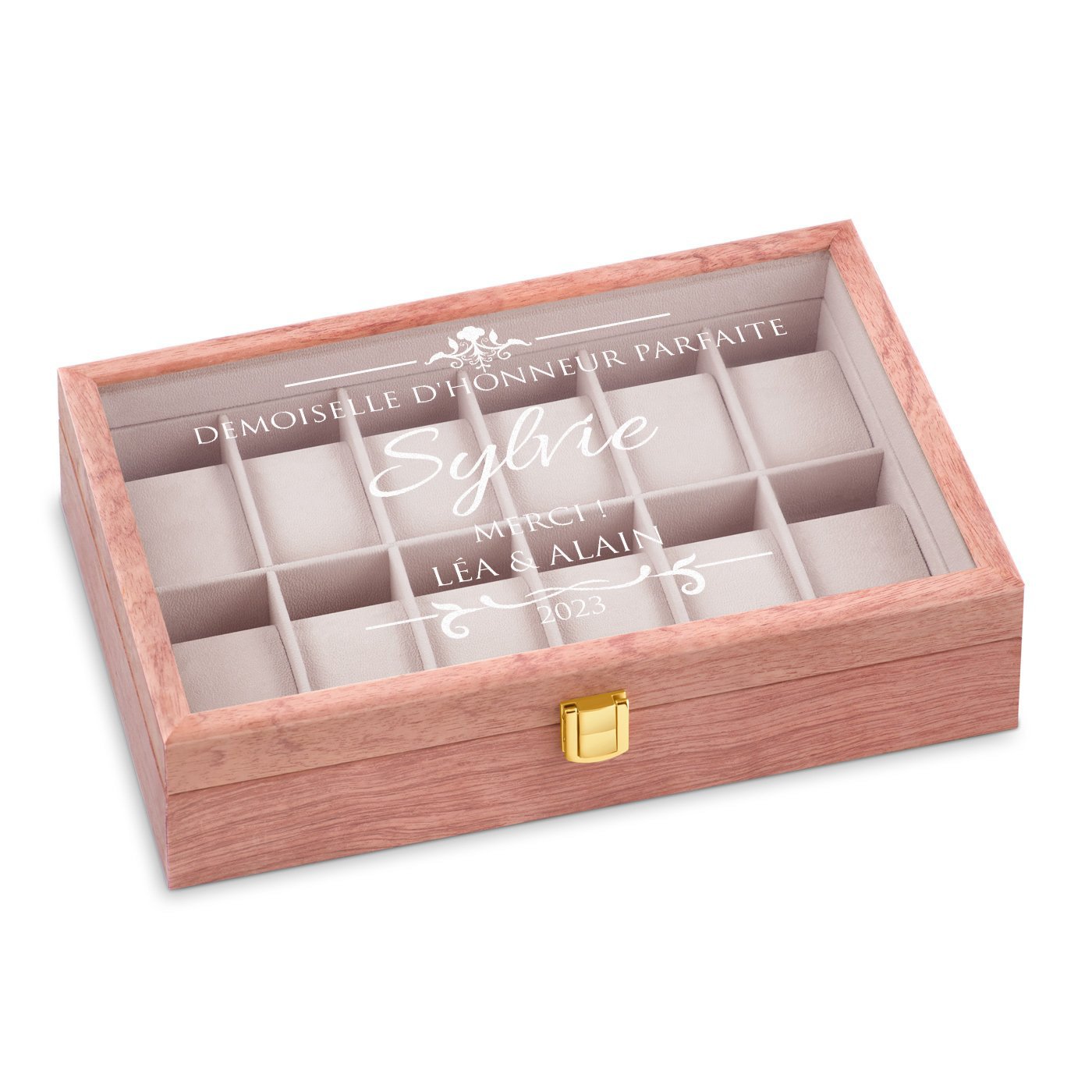 Caja de relojes de madera rosa Murrano con grabado para una dama de honor