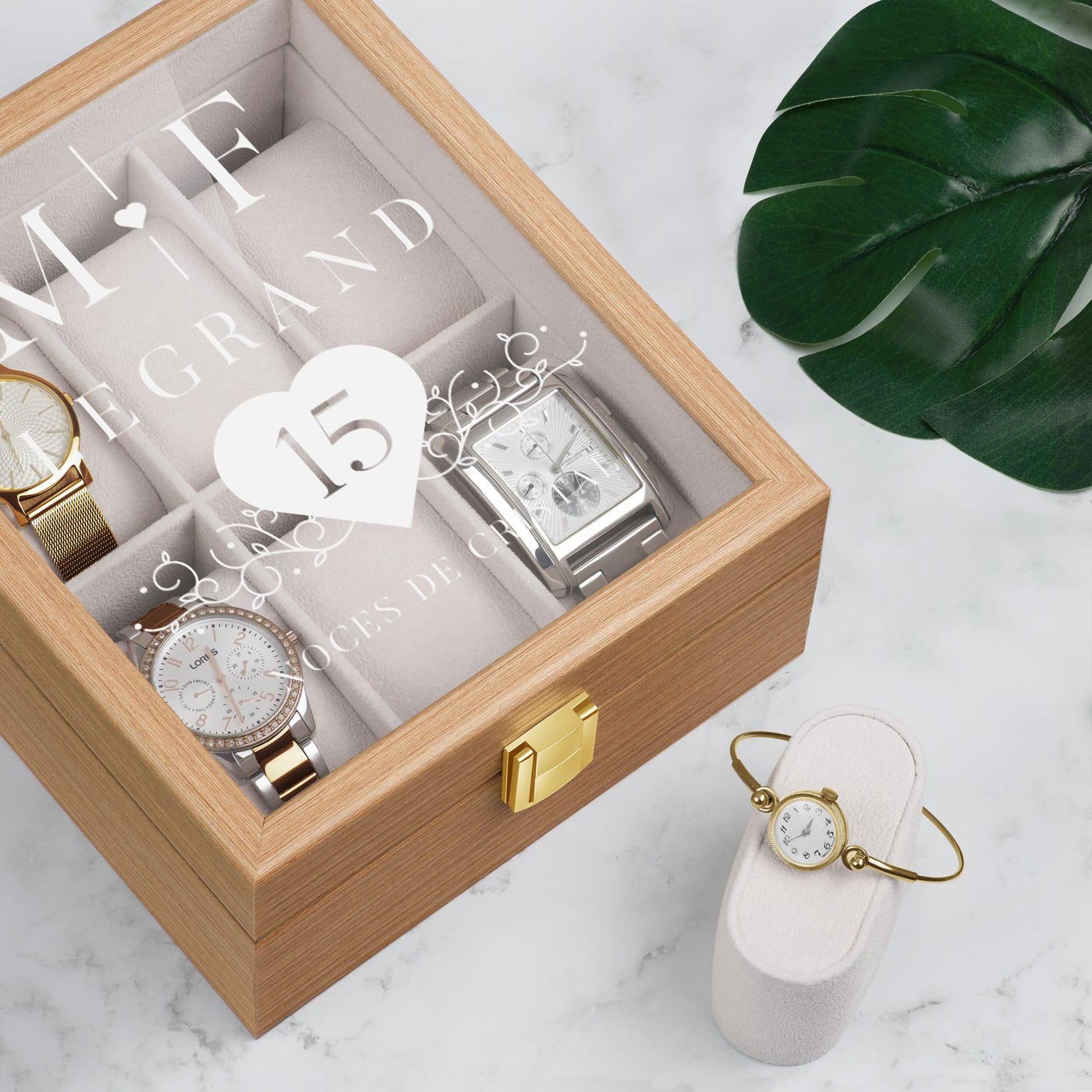 Caja de relojes de madera personalizada Murrano para el 15º aniversario de bodas