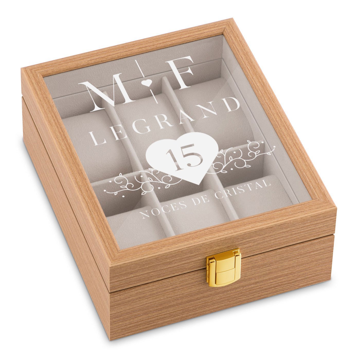Caja de relojes de madera personalizada Murrano para el 15º aniversario de bodas
