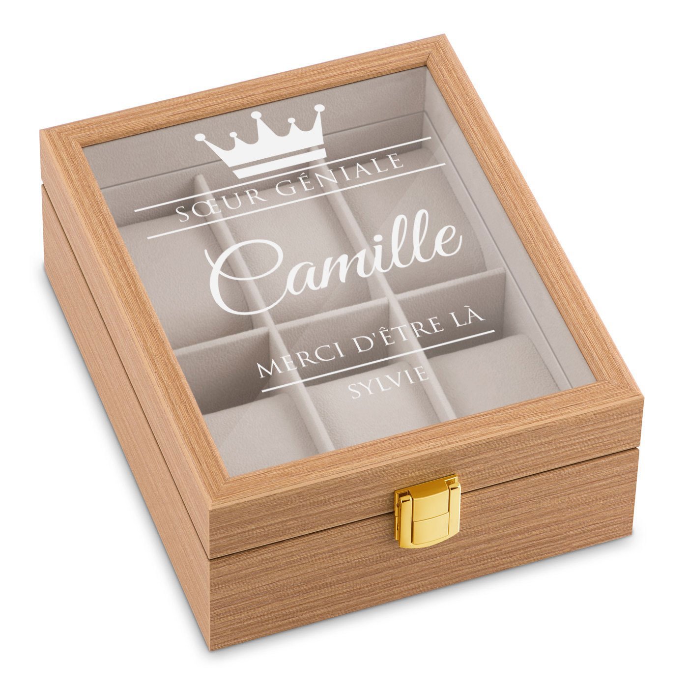 Caja de reloj de madera clara personalizada Murrano para una hermana - Regalo de agradecimiento de boda