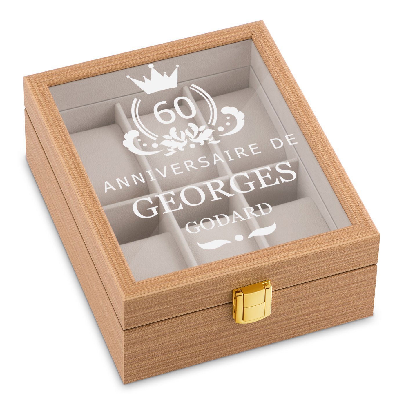 Caja de reloj de madera clara de Murrano con grabado para el cumpleaños número 60 de un hombre