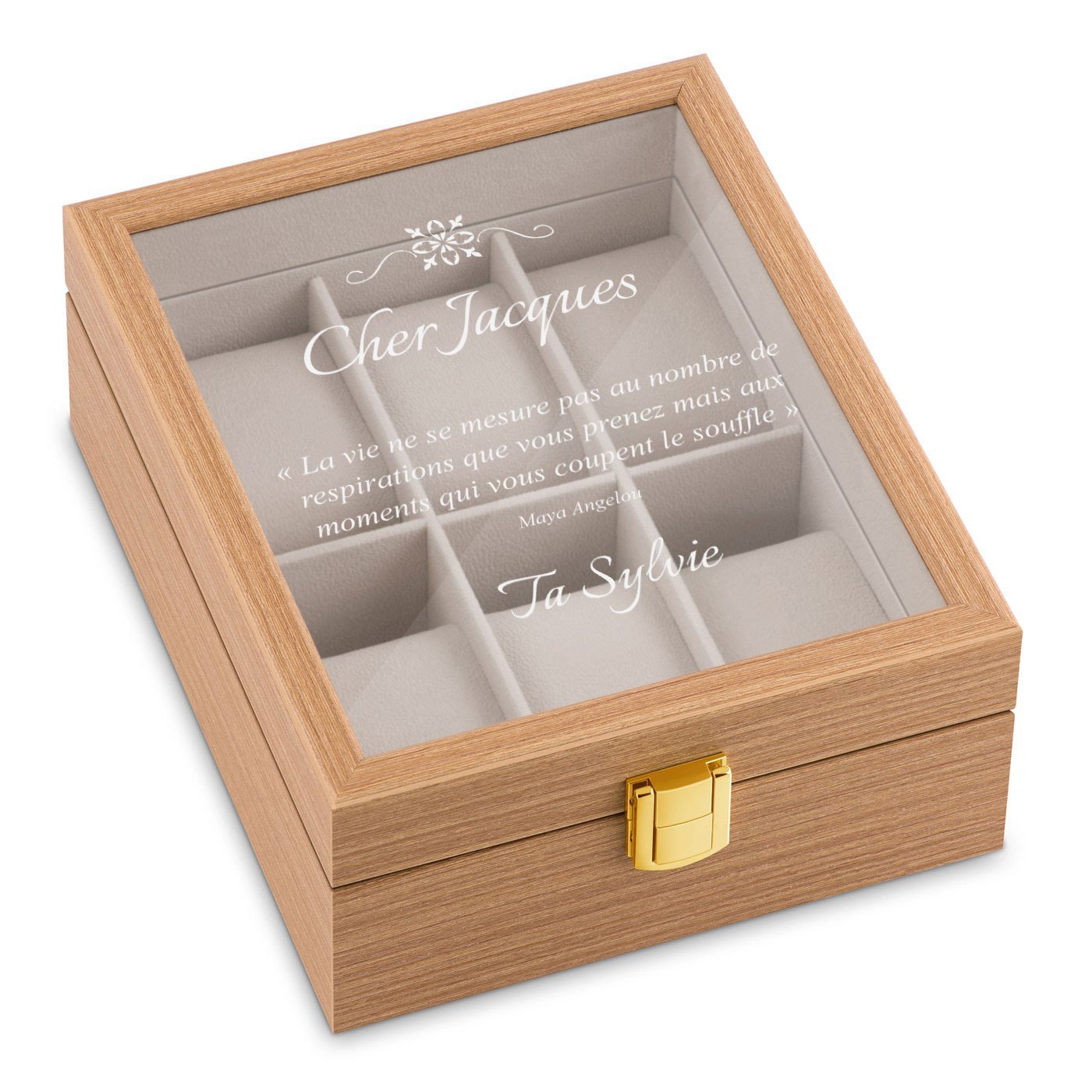 Caja de relojes personalizada de madera clara Murrano para el cumpleaños de un hombre