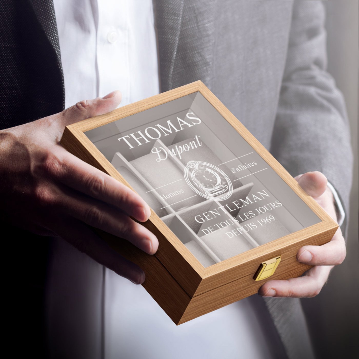 Murrano Personalized Clear Wood Watch Box for Dad's Birthday