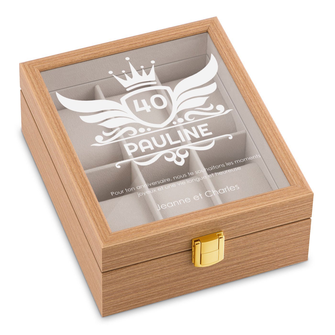 Caja de relojes de madera clara con grabación para el cumpleaños número 40 de una mujer