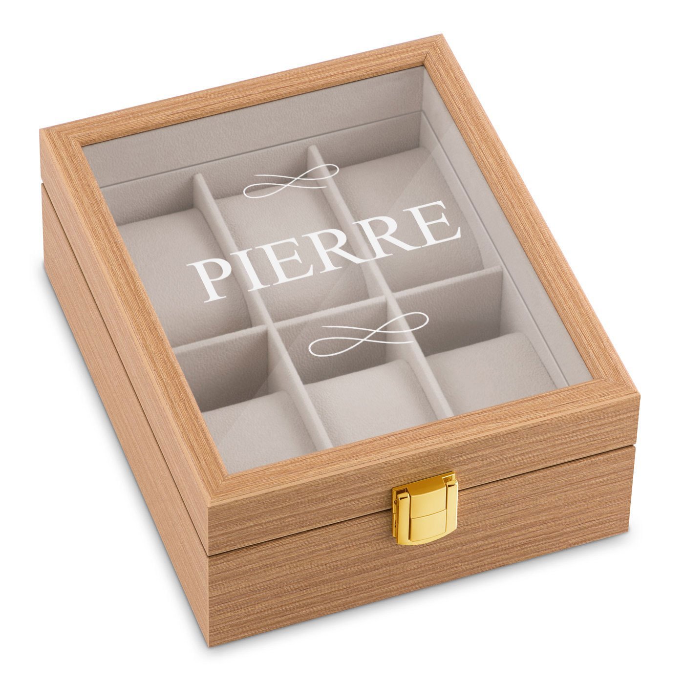 Caja de relojes de madera clara personalizada Murrano para el cumpleaños de abuelo