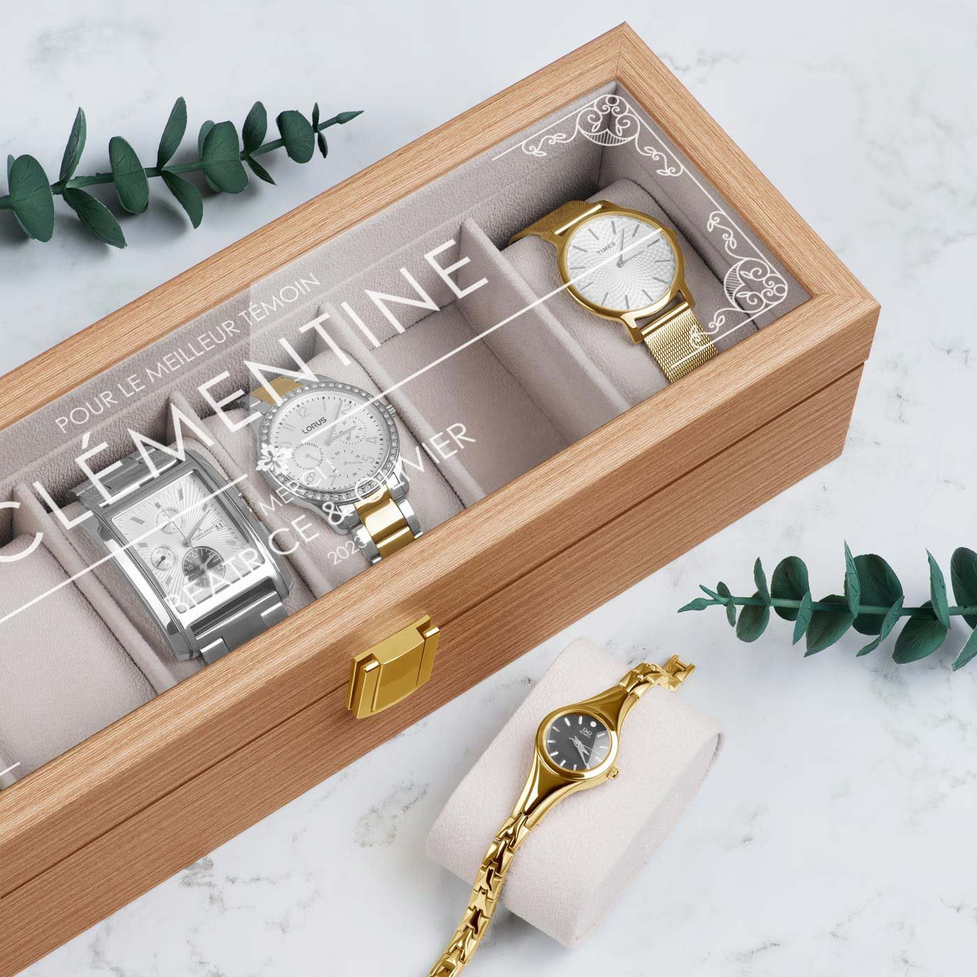 Caja de reloj personalizada de madera Murrano - Regalo para la testigo de boda