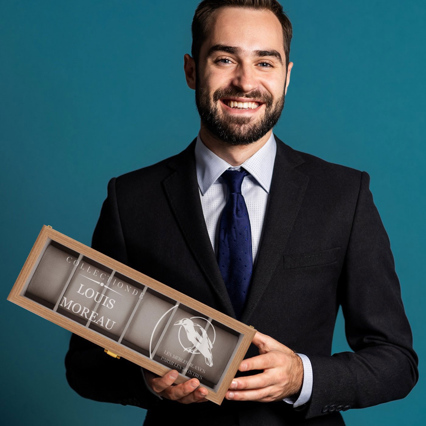 Caja de relojes personalizada de madera Murrano para el cumpleaños de un colega