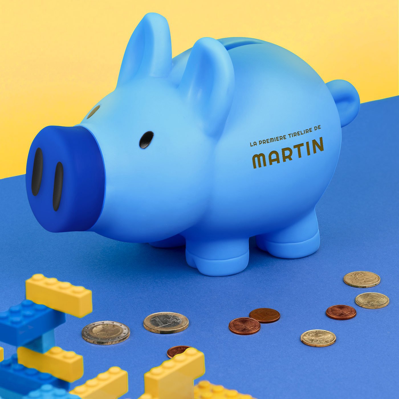 Caja de ahorros azul personalizada para el primer cumpleaños de tu nieto