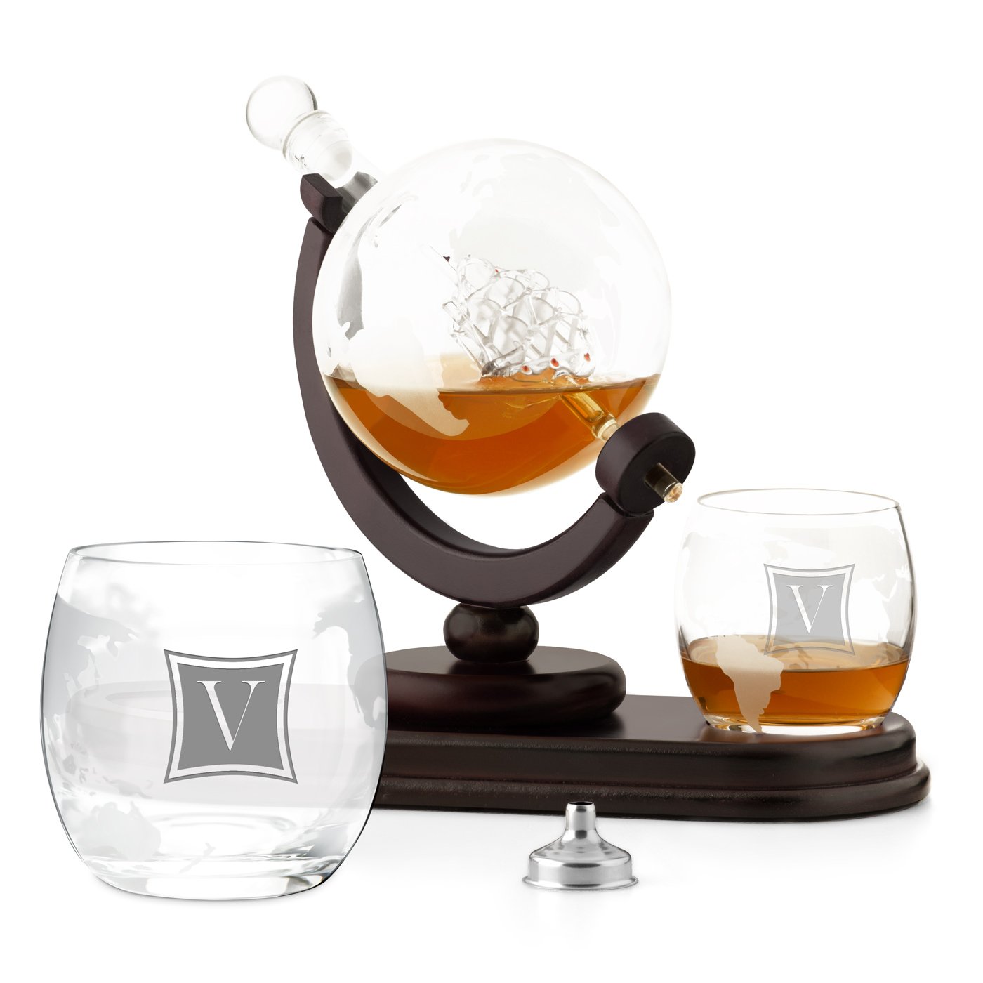 Decantador de whisky Murrano en forma de globo con barco y vasos personalizados (regalo de aniversario para hombres)