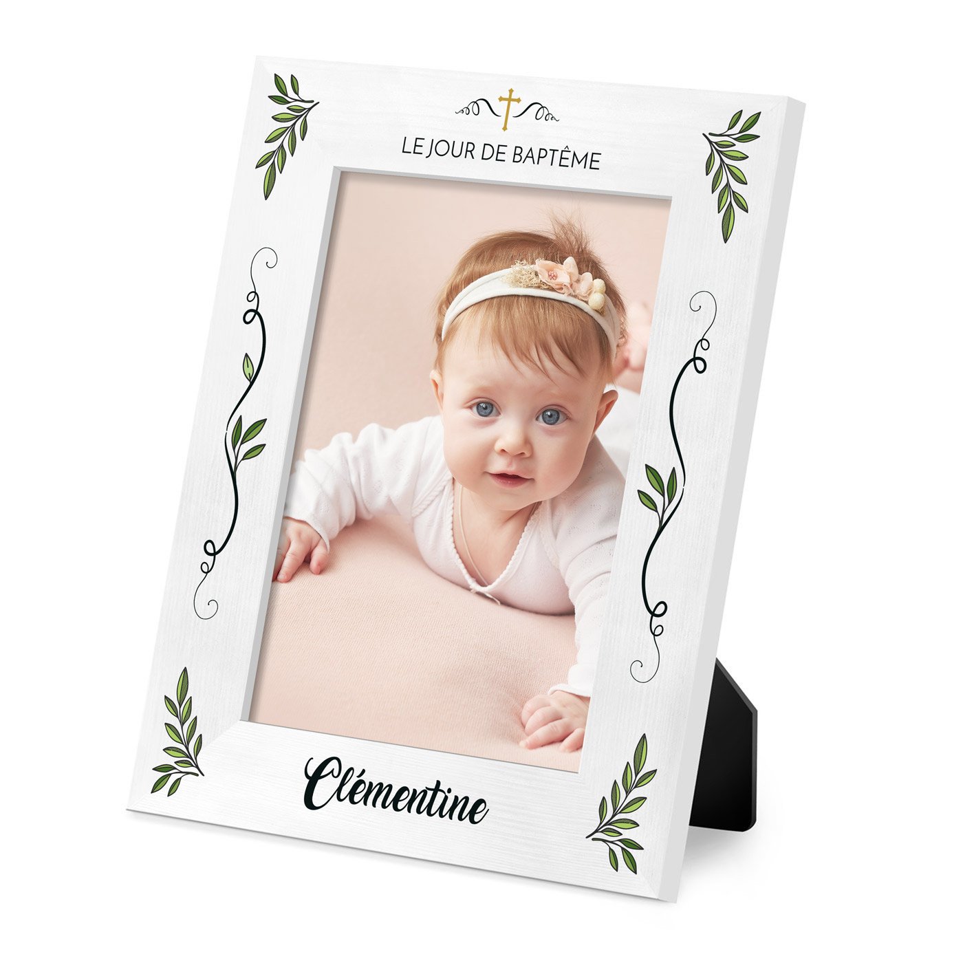 Marco de fotos de madera blanca personalizado para el bautismo de una niña