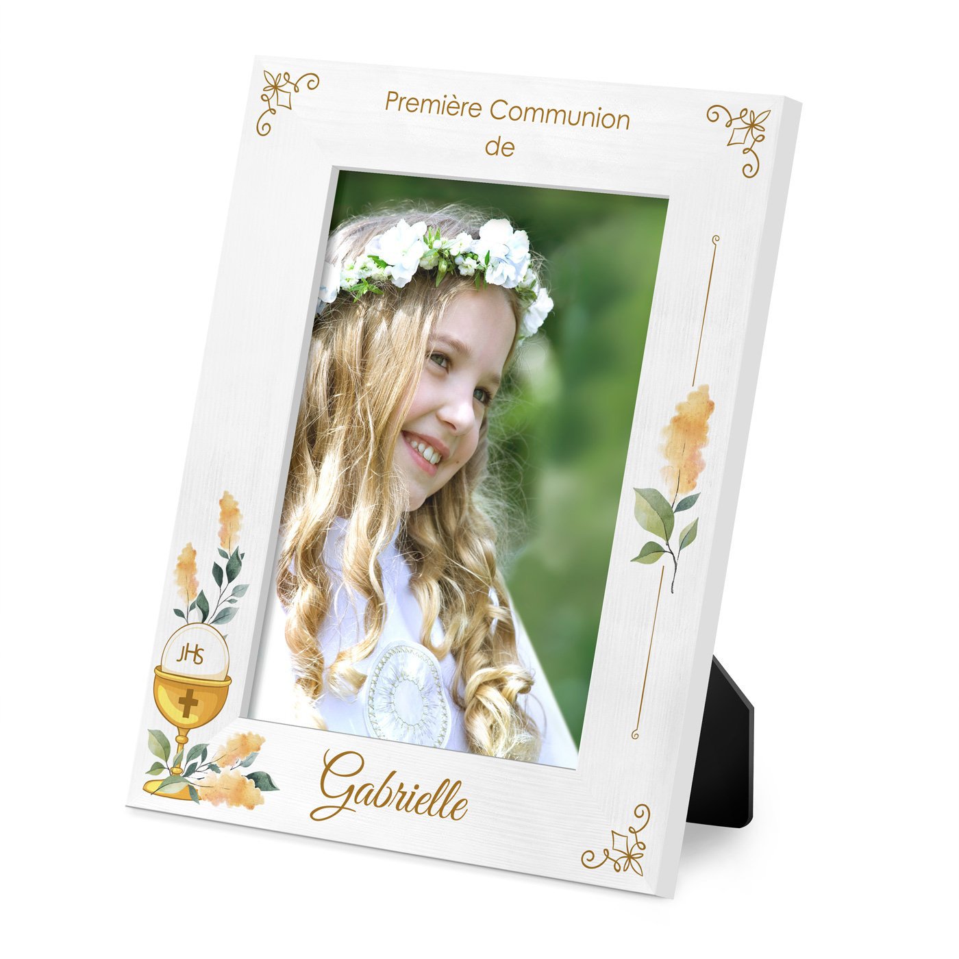 Marco de fotos personalizado de madera blanca Murrano para la primera comunión de una niña