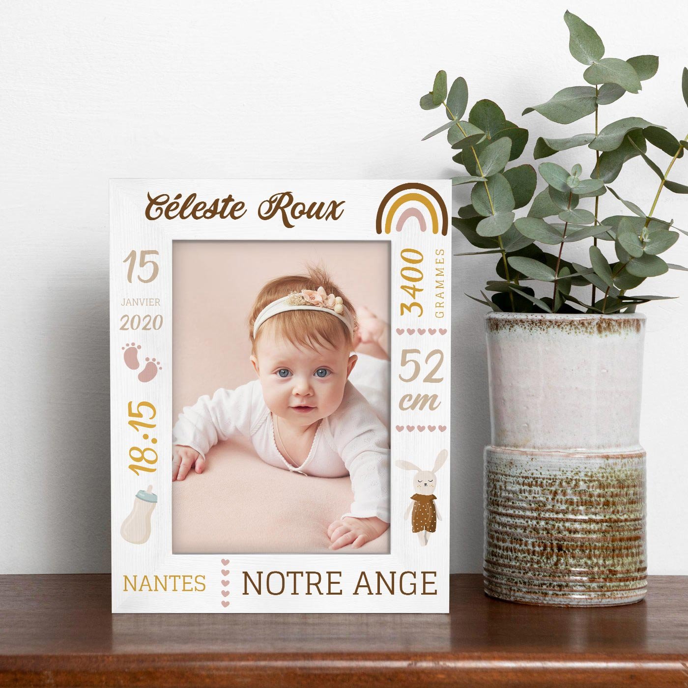 Marco de foto personalizado de madera blanca Murrano para recuerdo del nacimiento del bebé