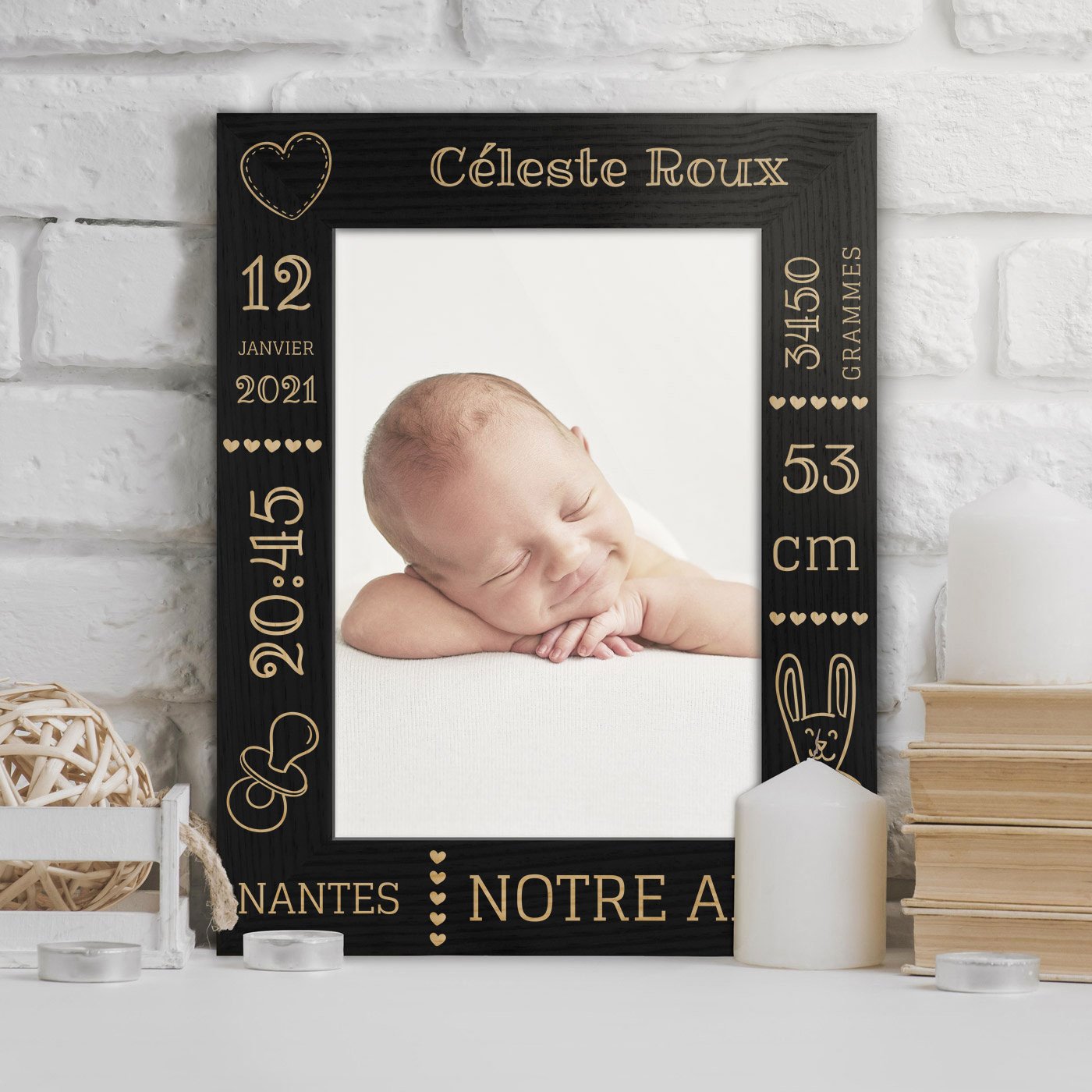 Marco de fotos personalizado Murrano - Negro para el bautismo de una niña