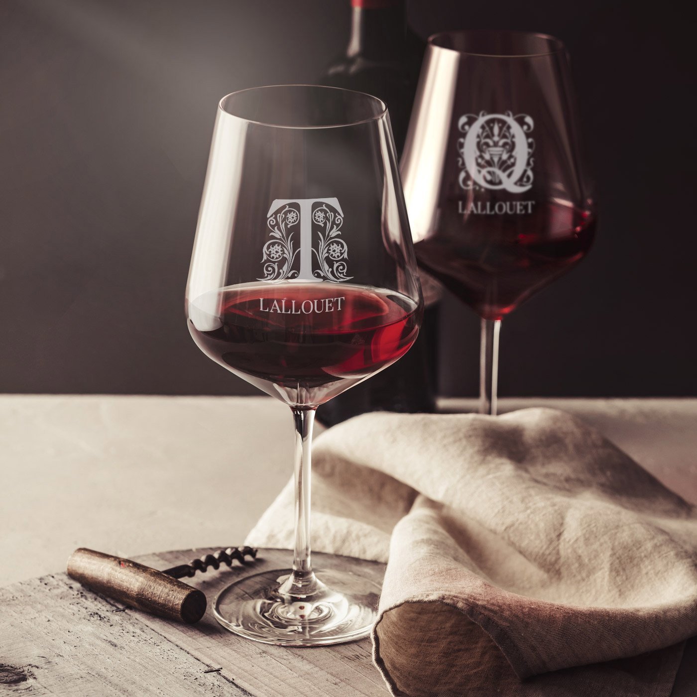 Copas de vino Murrano XL con grabado para una pareja con iniciales