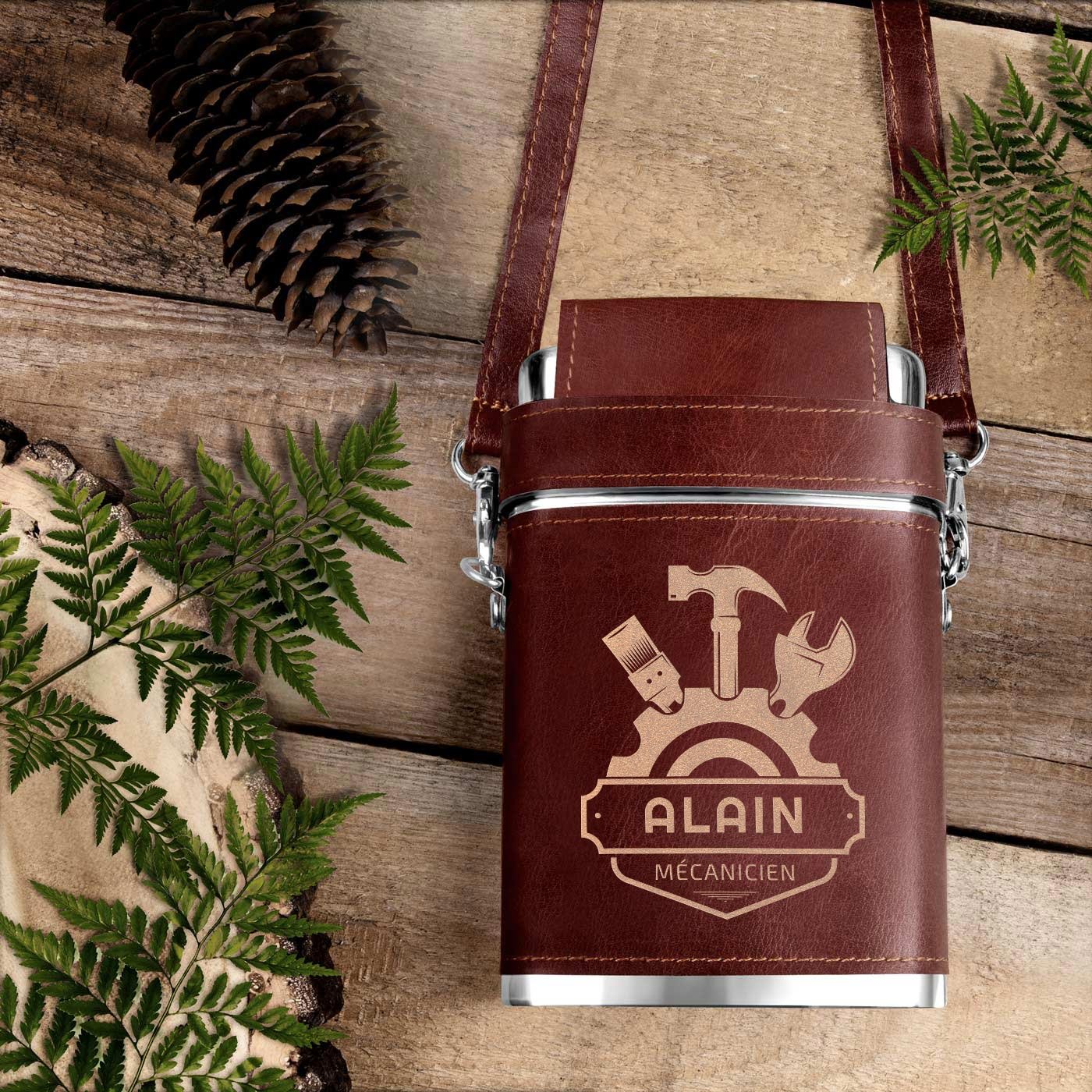 Botella de acero inoxidable Murrano con estuche de cuero y personalización para artesanos