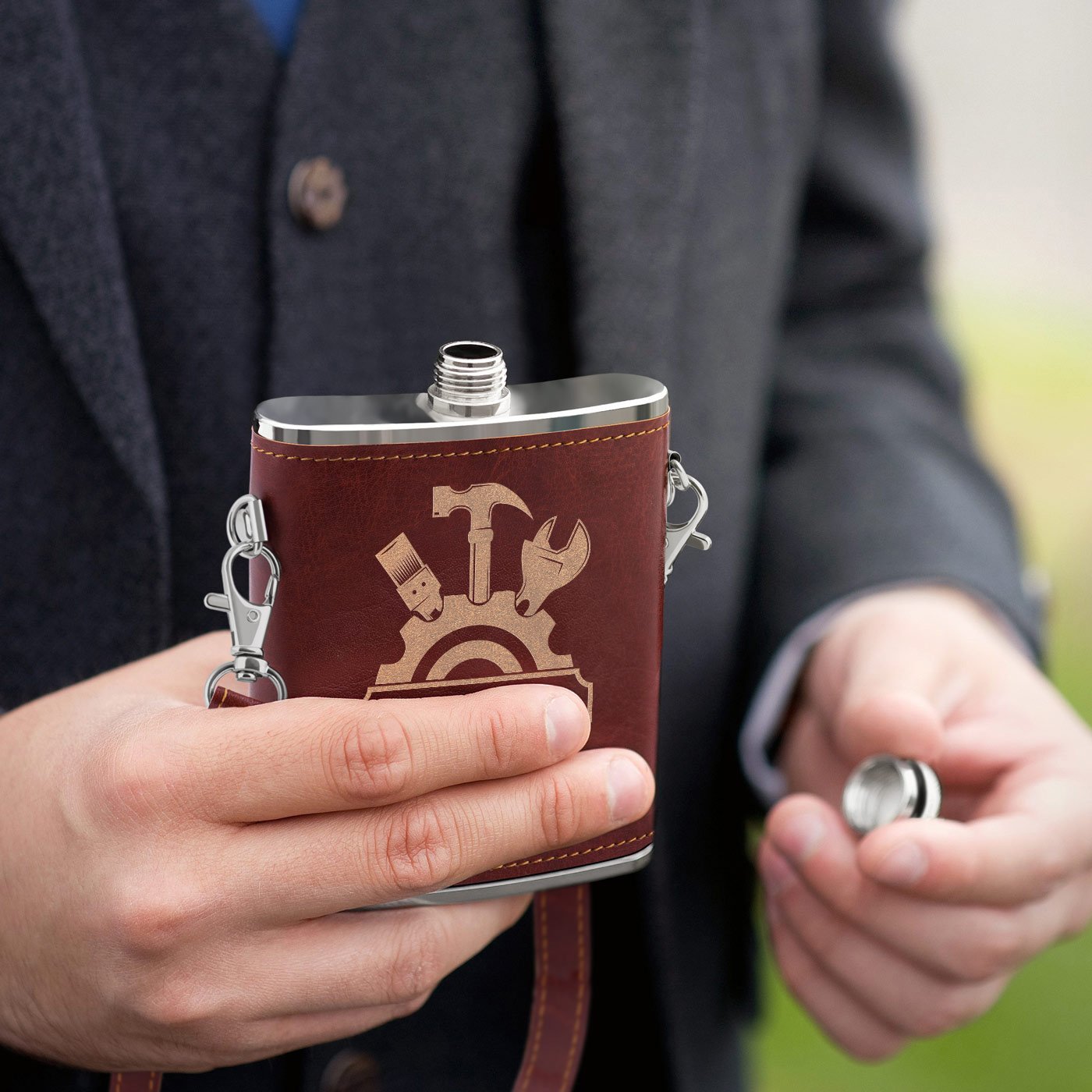 Botella de acero inoxidable Murrano con estuche de cuero y personalización para artesanos