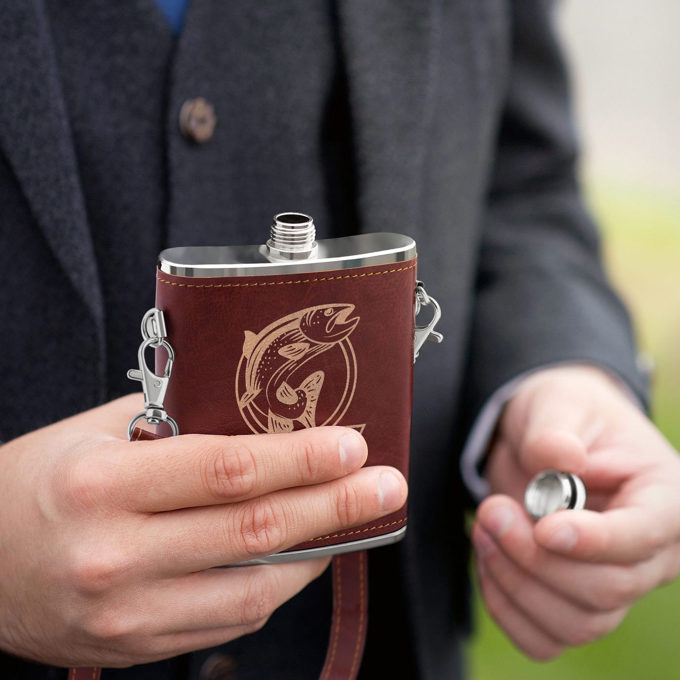 Murrano Personalized Stainless Steel Flask with Leather Case