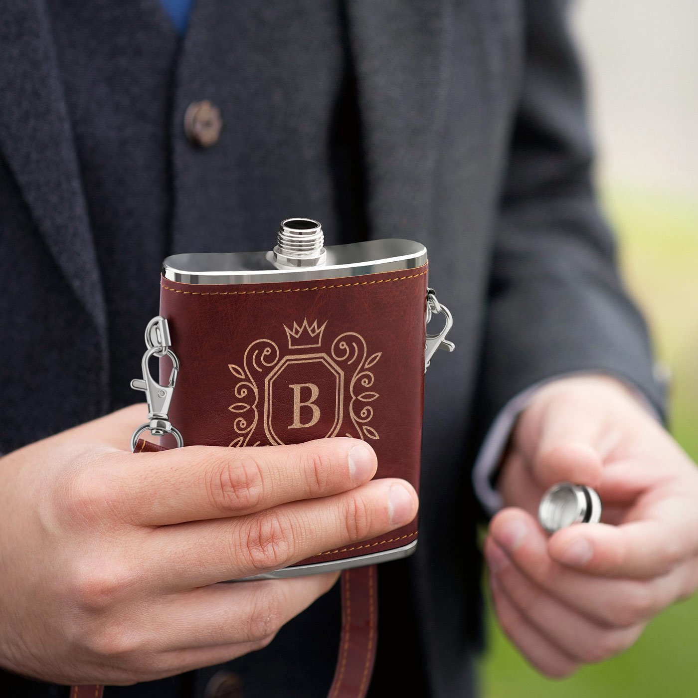 Murrano Stainless Steel Flask with Leather Case and Customization for Men